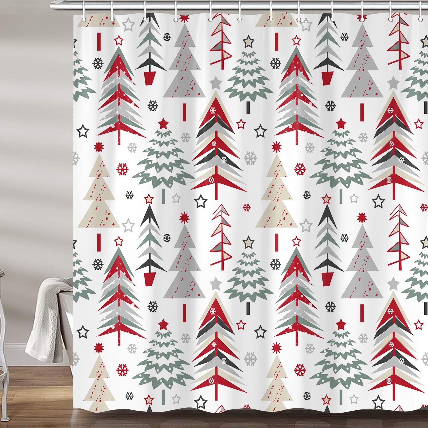 PAOPOED Christmas Tree Shower Curtain 72"x72" Waterproof Polyester Bathroom Curtain Set with Hooks, Model SC114