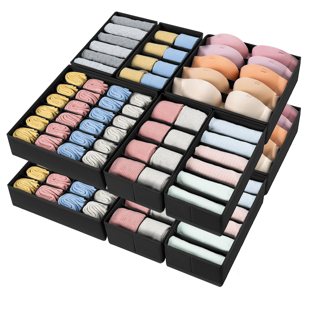 DIMJ 12 Pack Drawer Organizer for Clothes, Sock Bra Underwear Drawer Organizer, Foldable Fabric Drawer Organizer Bins, 114 Cells