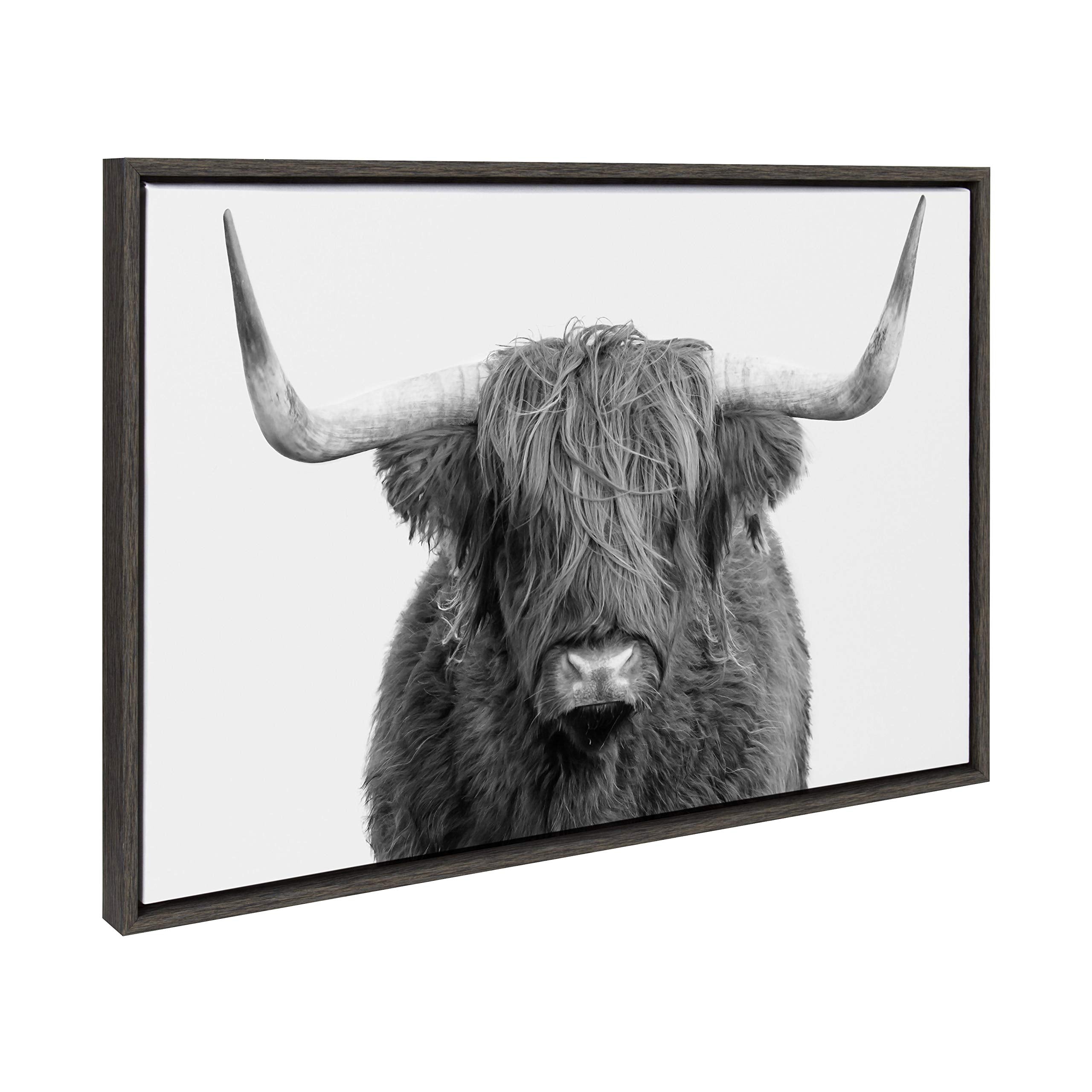 Kate And Laurel Sylvie Highland Cow Framed Canvas Wall Art By Amy Peterson, 23X33 Gray, Rustic Wall Decor For Living Room, Bedro