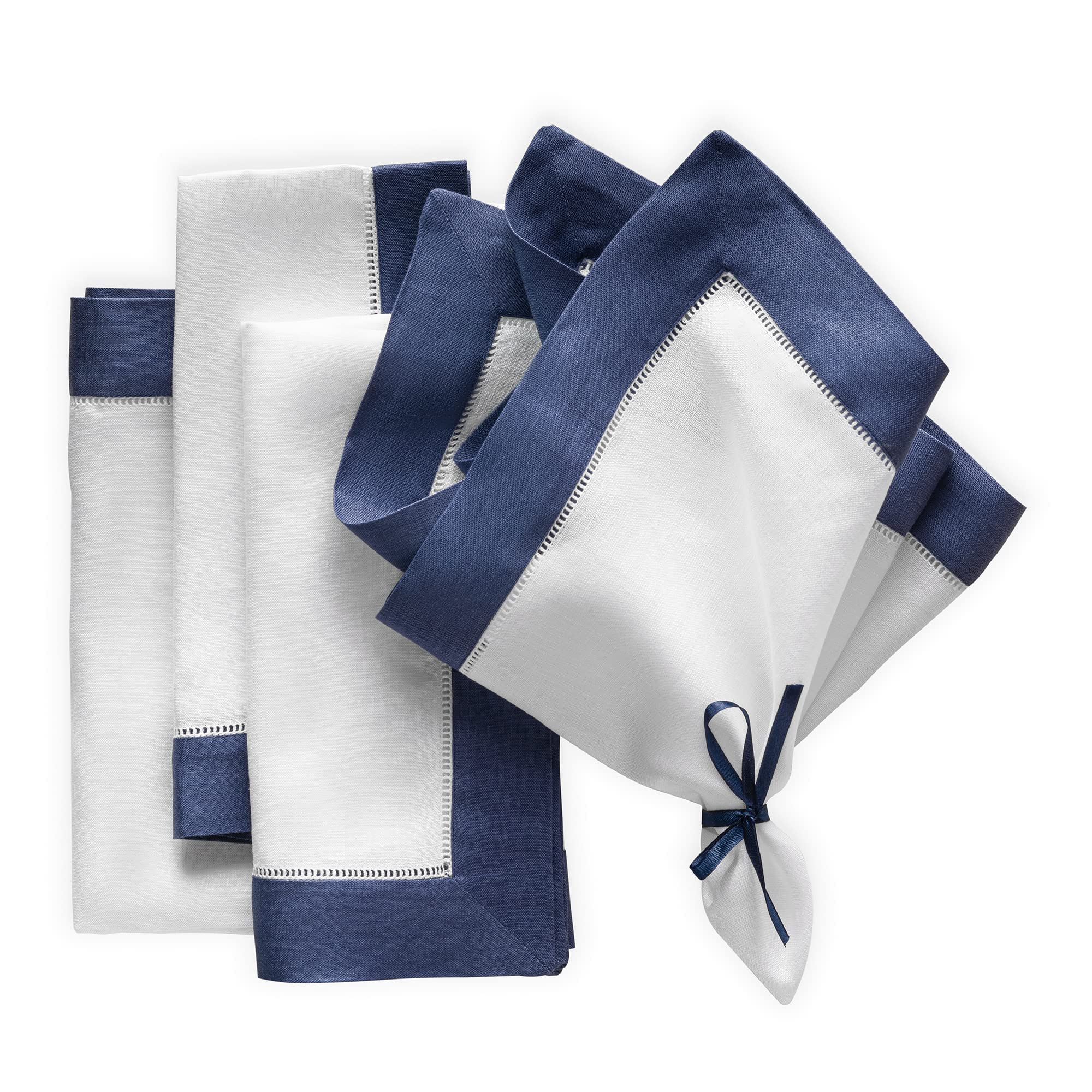 Linen Napkins 20 X 20 Inch - 100% Pure Linen White And Navy Blue Dinner Napkins Set Of 4 - Hemstitch Napkins Cloth Washable For