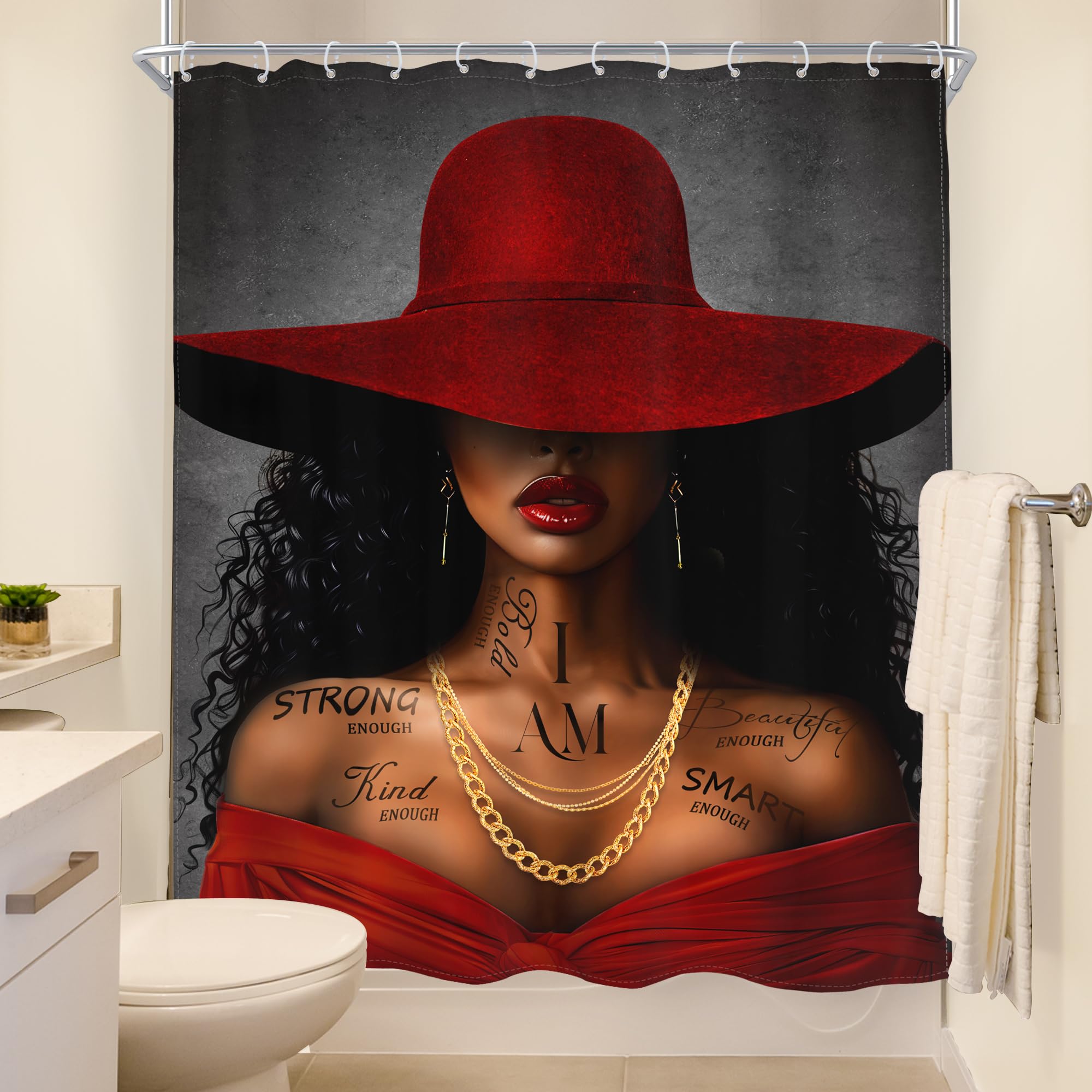 Meshelly Red Black Girl Shower Curtain 60Wx72H African American Inspirational Quotes Shower Curtain Black Woman Shower Curtain F