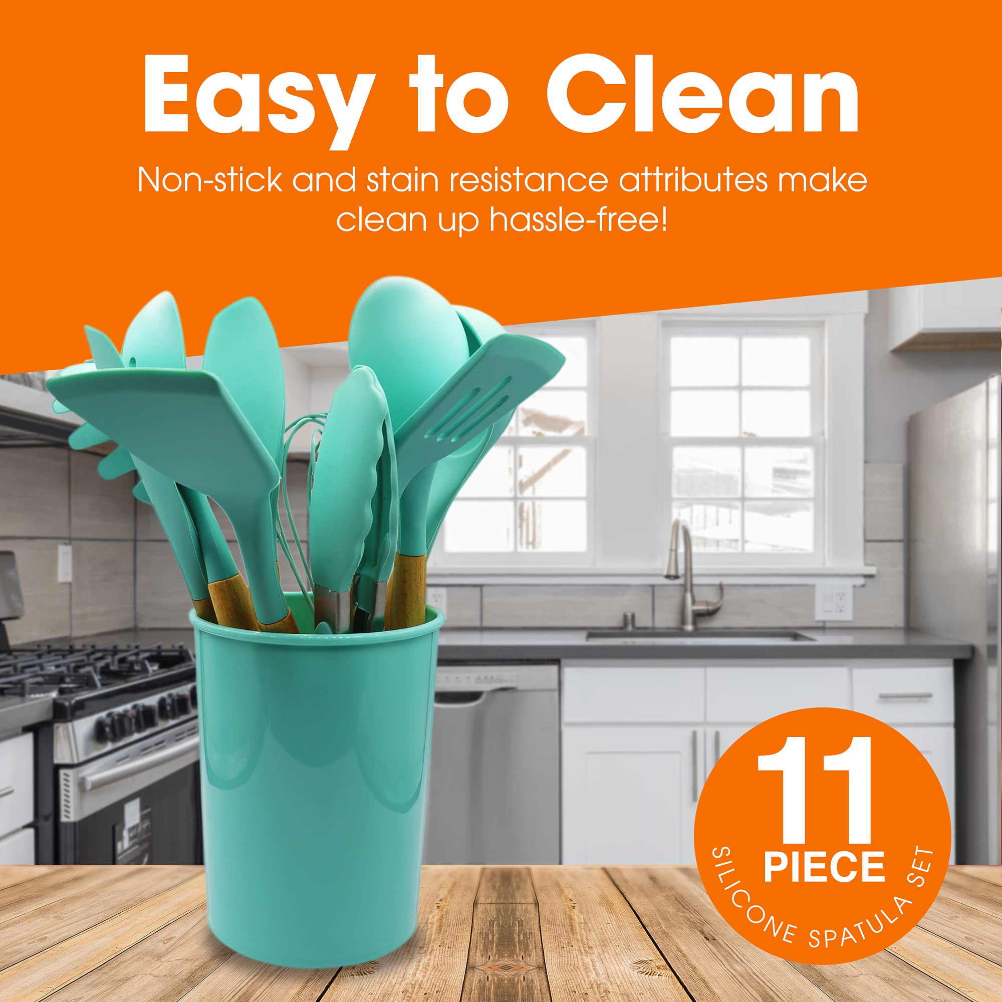 Cheer Collection 12 Piece Silicone Spatula Set With Wooden Handles - Non-Stick Silicone Utensils For Cooking, Aqua
