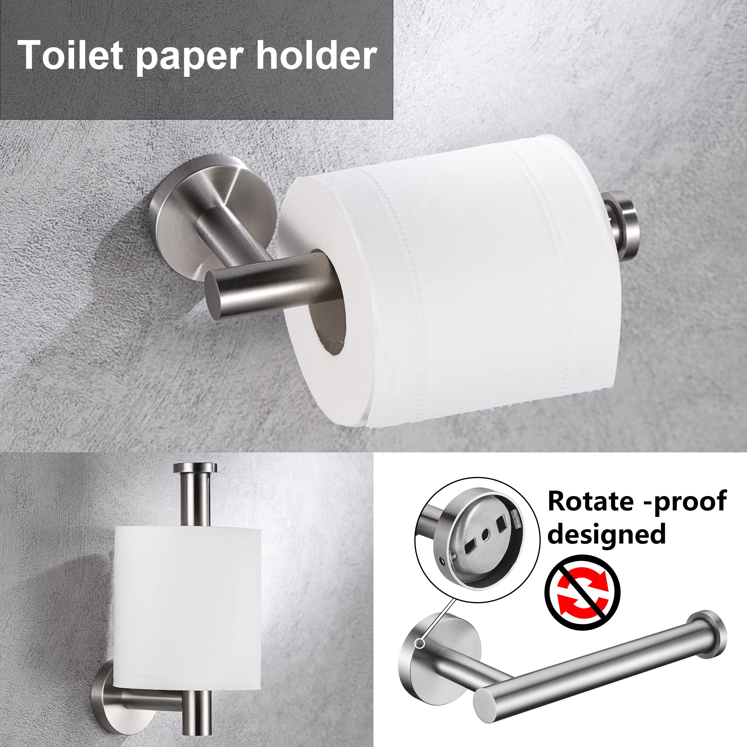 5 Pieces Brushed Nickel Bathroom Hardware Set Include 16Inch Towel Bar,2Pcstowel Hooks,Toilet Paper Holder,Hand Towel Ring Round