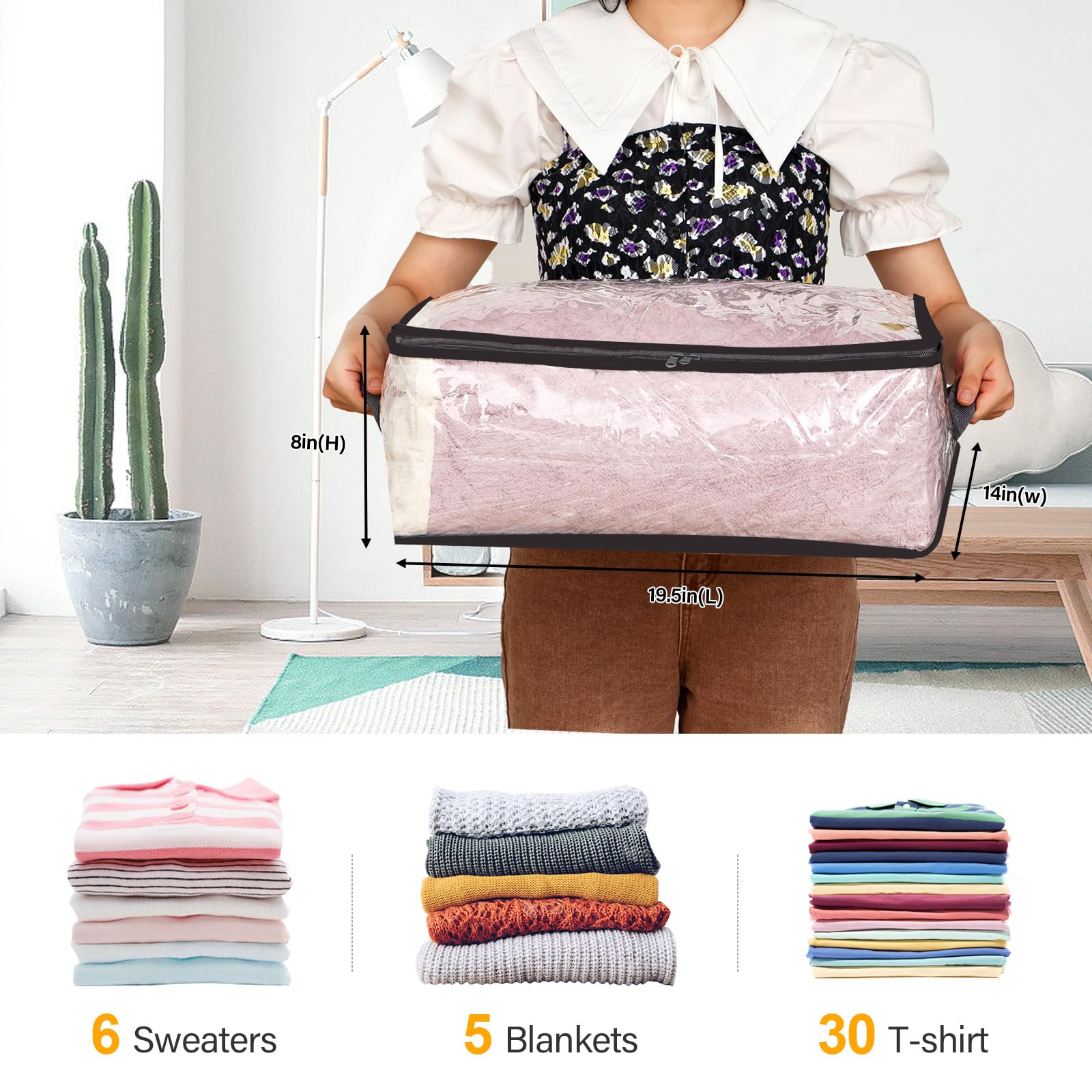 Fixwal 2pcs Clear Clothes Organizer Storage Bags, Foldable Bed Sheet Comforter Storage Bags PVC Organizers with Zipper for Sweat