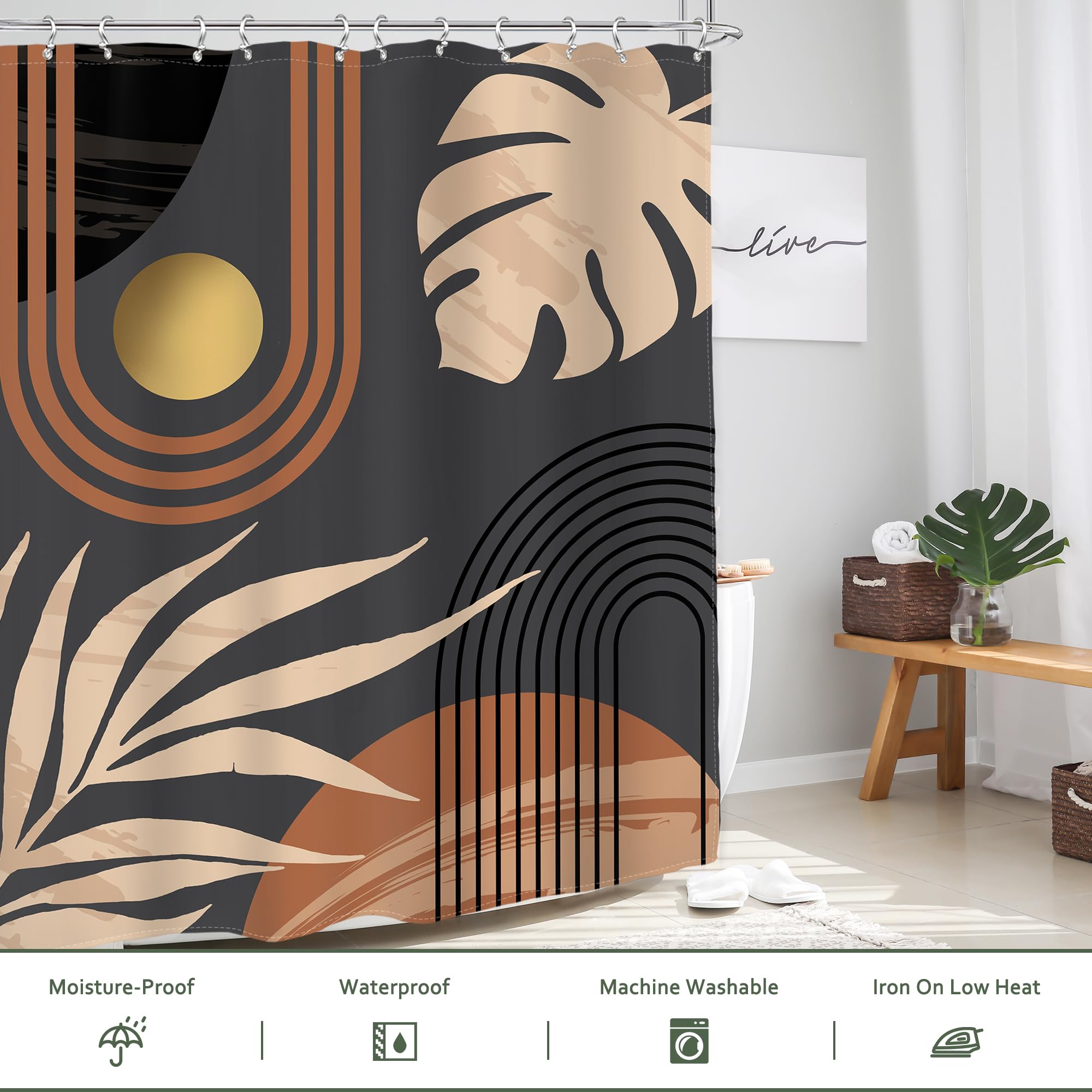 Glawry Black Boho Mid Century Shower Curtain Abstract Beige Leaves Minimalist Simple Aesthetic Arch Sun Modern Bathroom Botanica