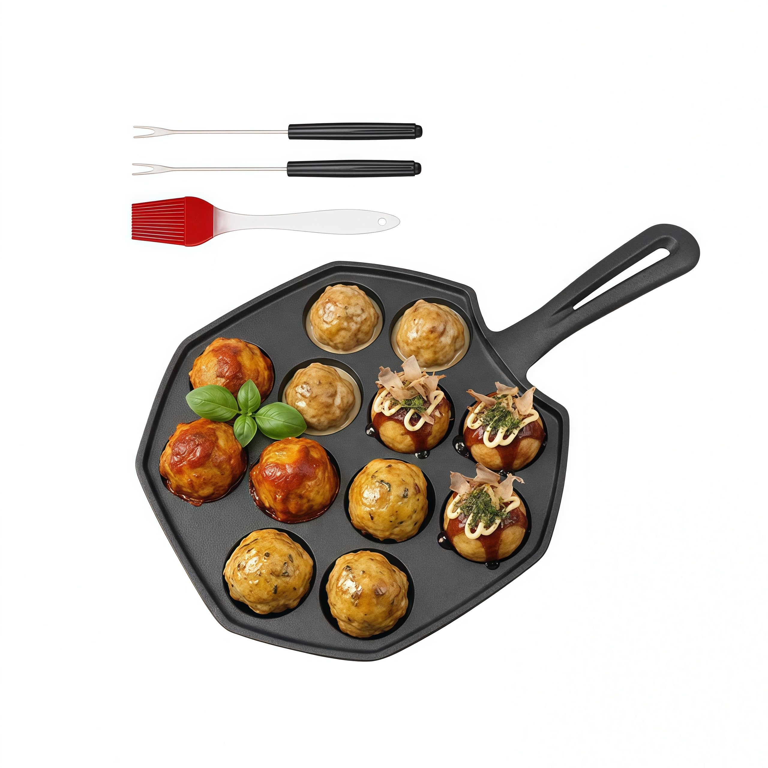 JSY Sun Cast Iron Takoyaki Pan, 12 Hole Aebleskiver Pancake Puff Pan with Forks & Brush, Oven Safe