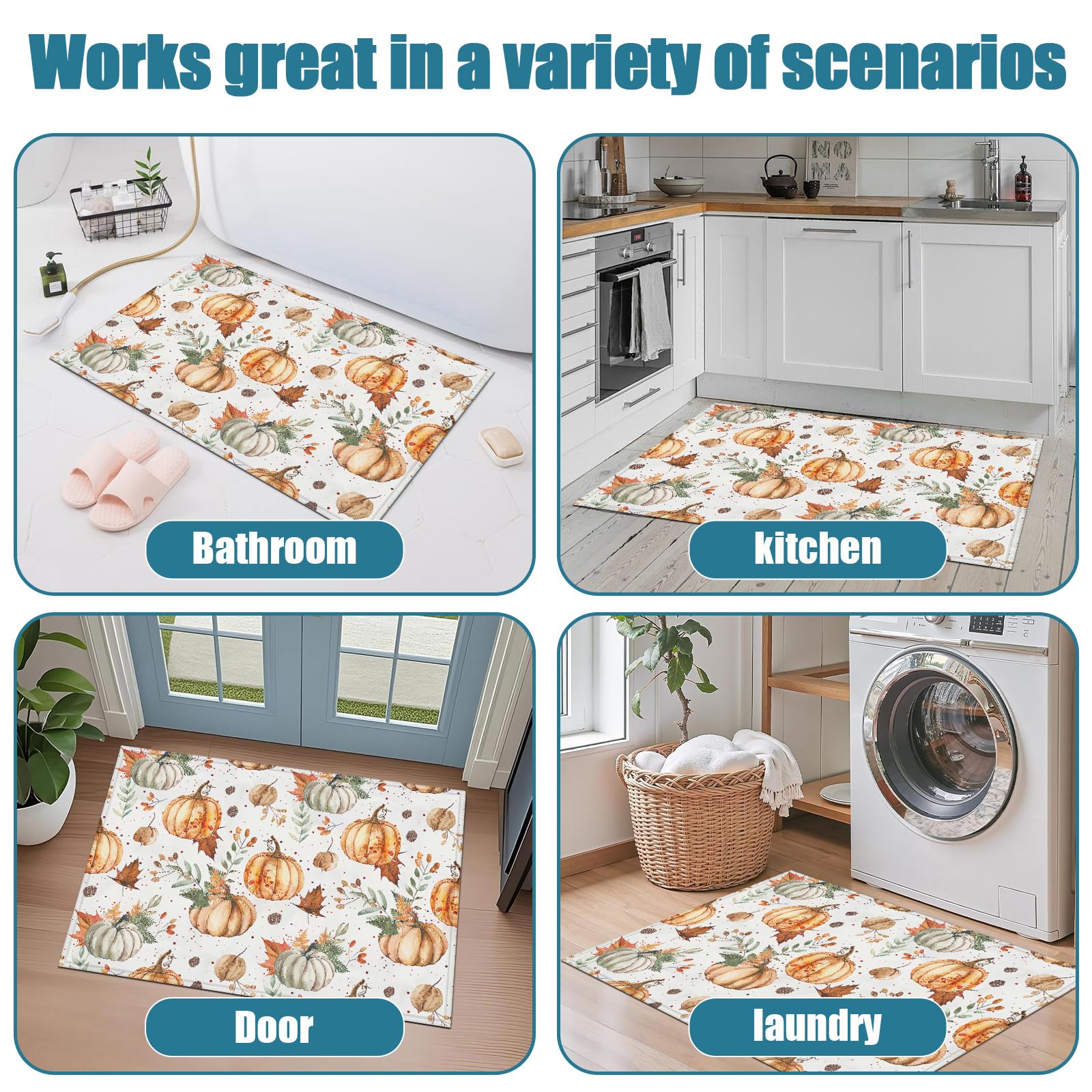 Fall Pumpkin Leaves Indoor Door Mat, Outdoor Entrance Doormat for Entryway Kitchen Bathroom 17 X 29 Inch