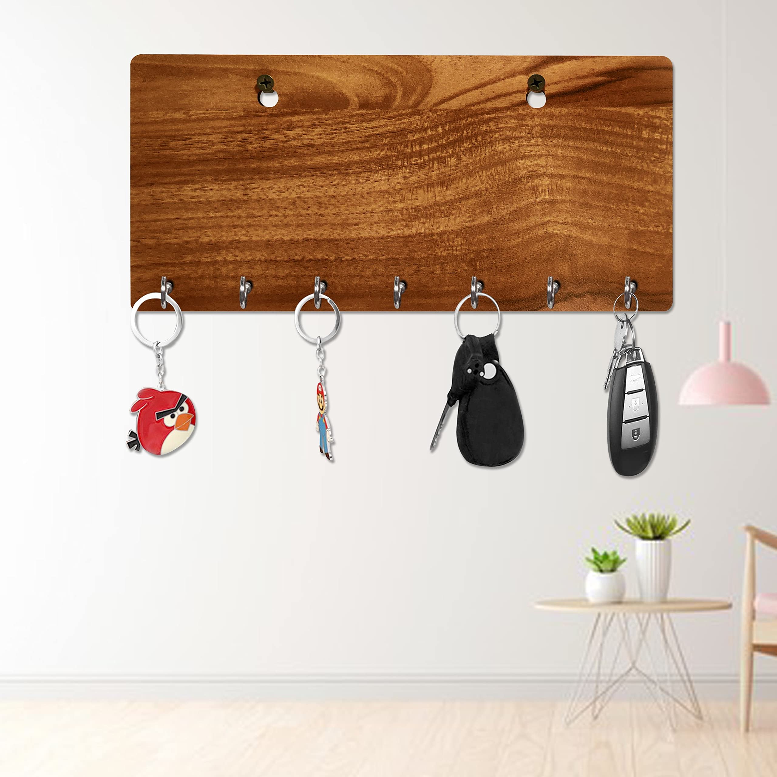 FRAVY MDF Wood Plain Walnut Finish Key Holder (7 Hooks, Beige)