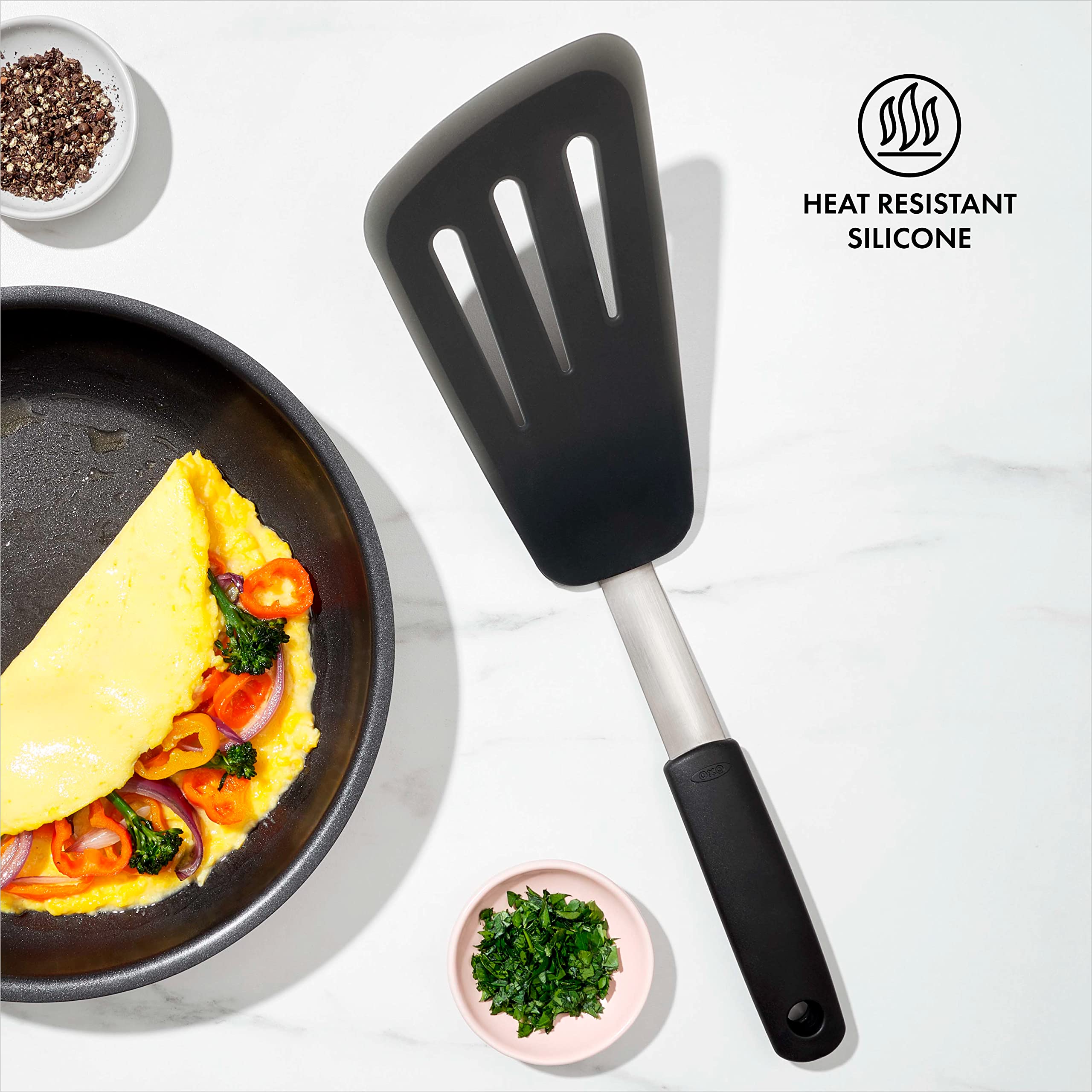 OXO Good Grips Silicone Flexible Omelet Turner, Black, Stainless Steel, One Size, Model 1071532V5