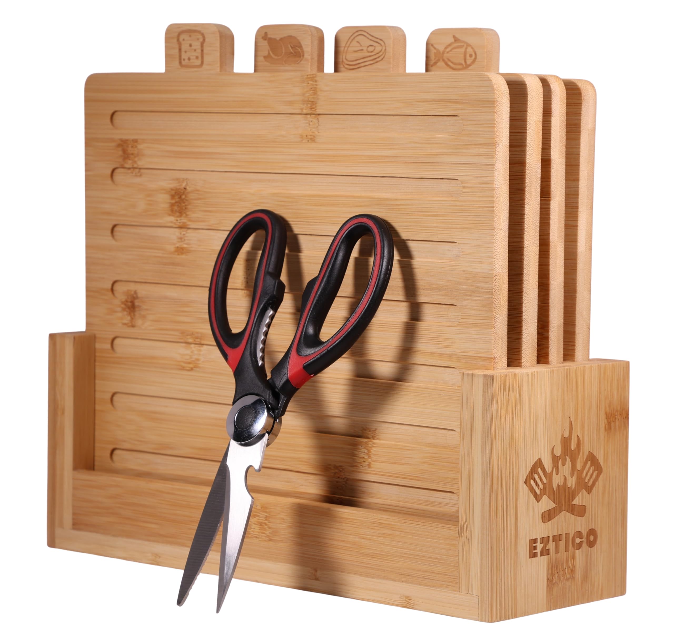 EZTICO Bamboo Cutting Board Set with Holder and Scissors, 4Piece Labeled Index Chopping Board Set for Kitchen, Natural Color, 1