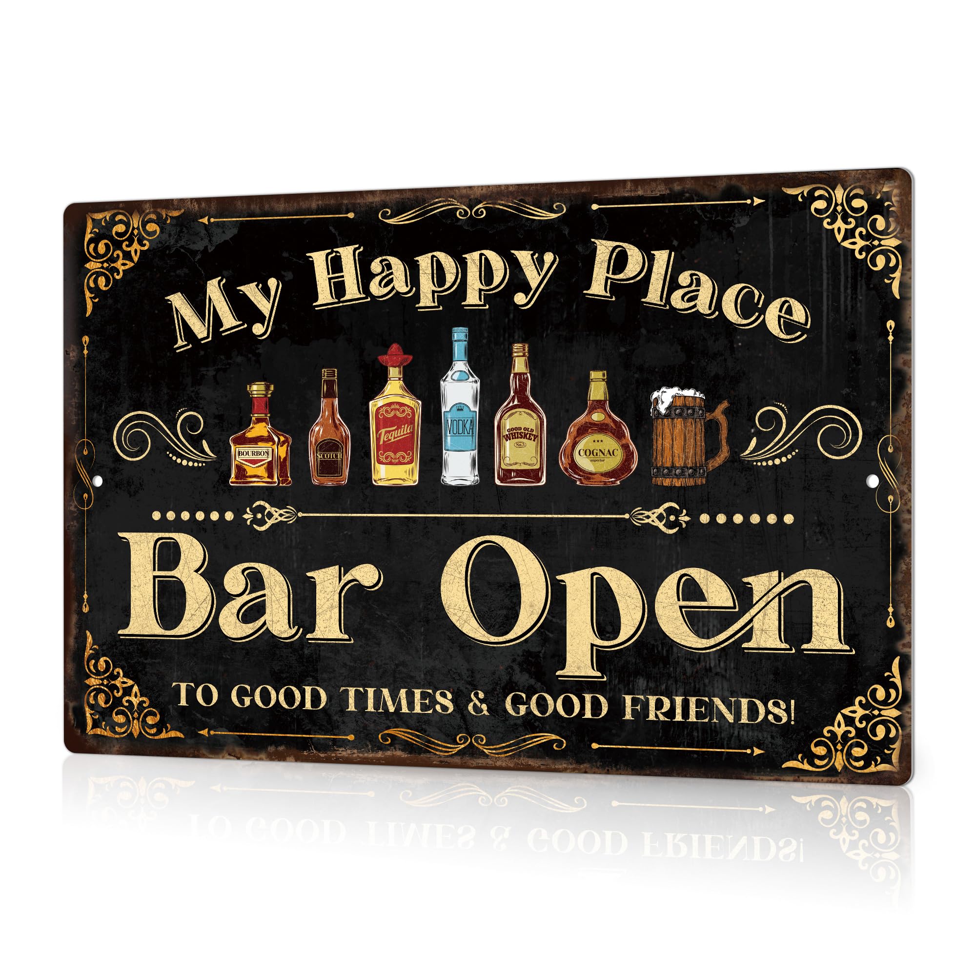 Putuo Decor Home Bar Sign, Retro Metal Tin Sign, My Happy Place Bar Open, 12 x 8 Inches