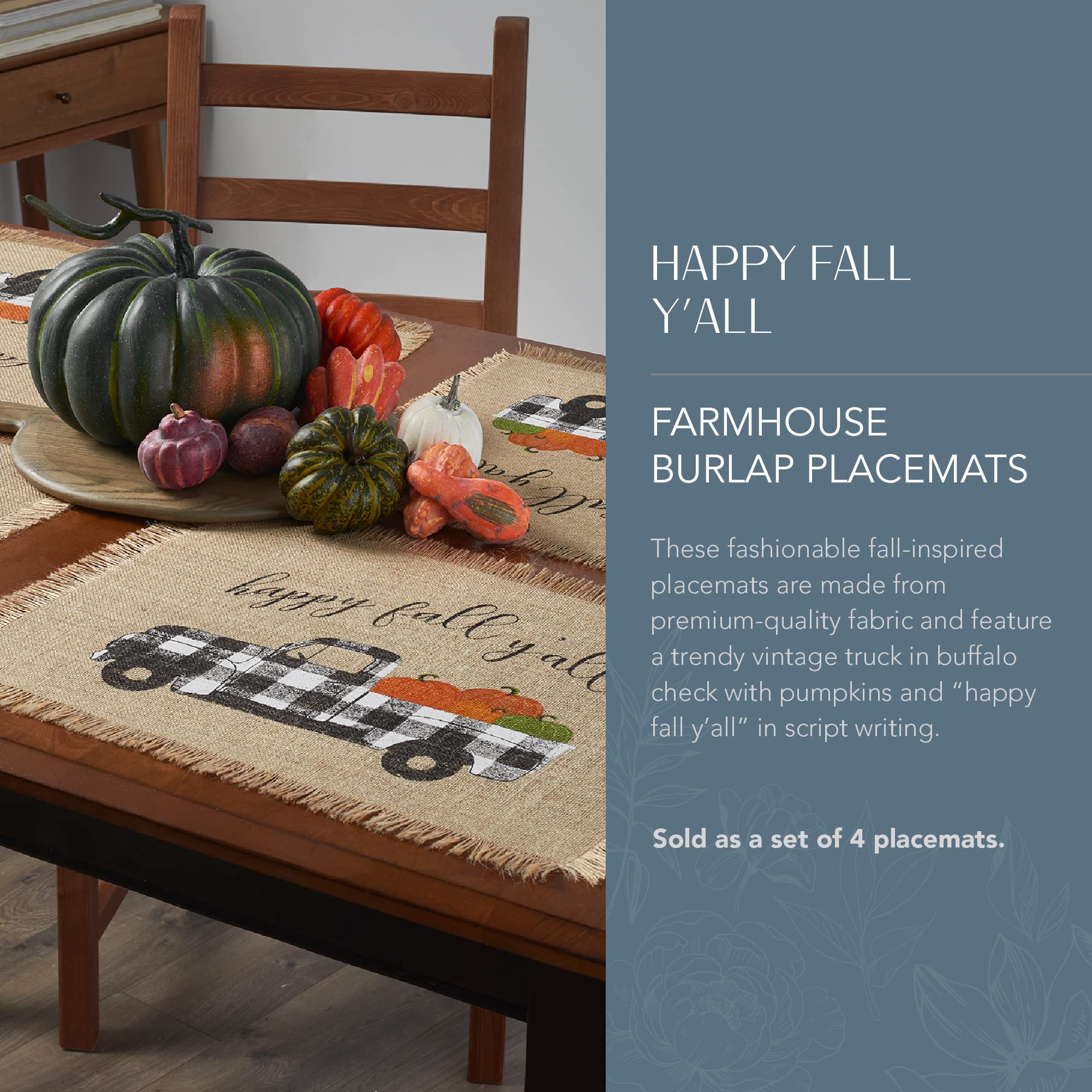 Elrene Home Fashions Happy Fall Y'All Autumn Burlap Set, 13'' X 19'', Placemats (Set Of 4), Multi
