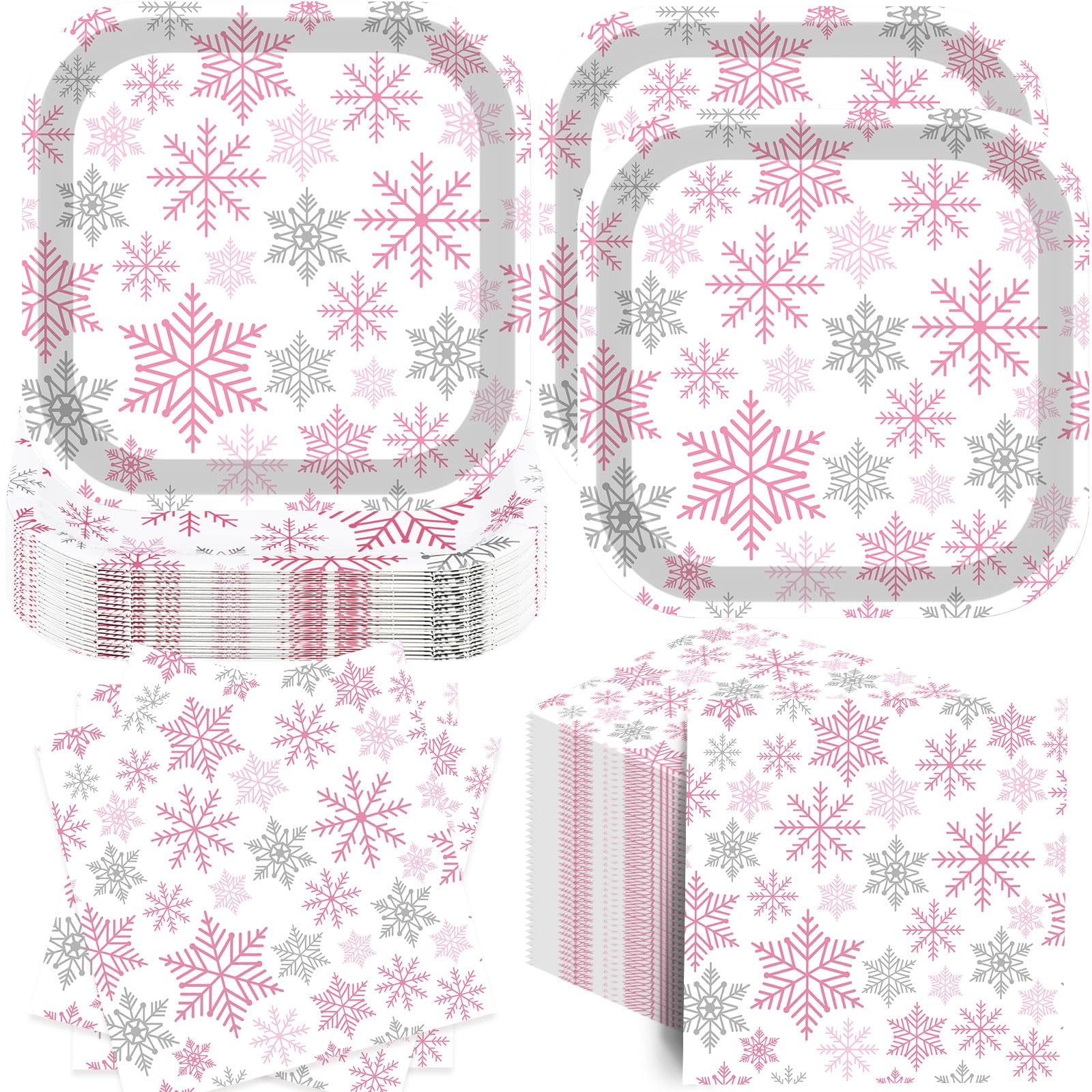 Funnymoom 100 Pcs Winter Christmas Dinnerware Pink Silver Snowflake 7 Inches Disposable Paper Plates and 13 Inches Napkins for W