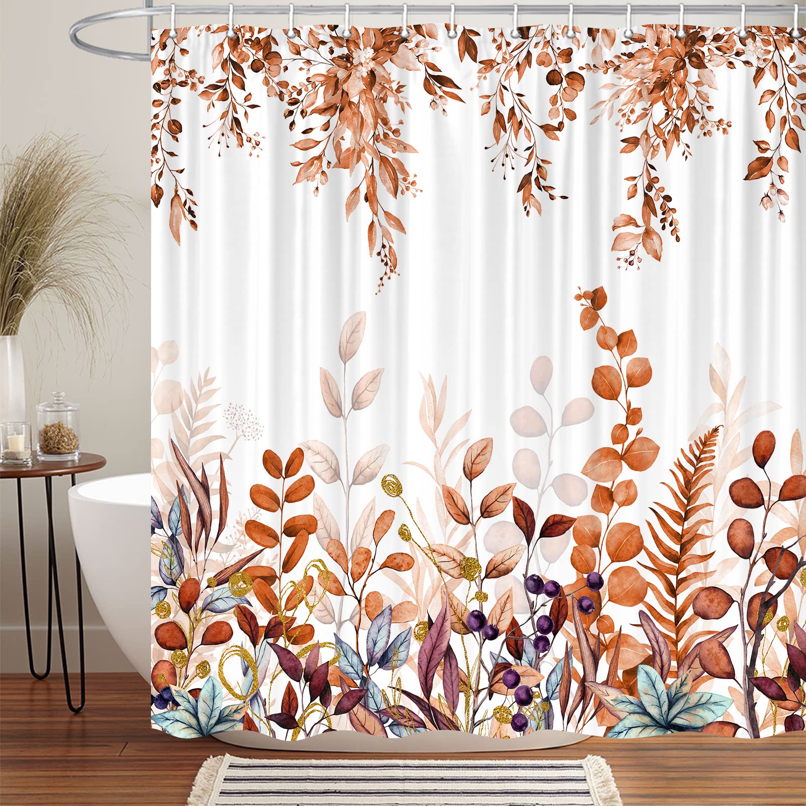 Veigike Fall Floral Shower Curtain, Cute Autumn Red And Gold Leaves Flower Harvest Fabric Shower Curtains Set For Bathroom, Whit