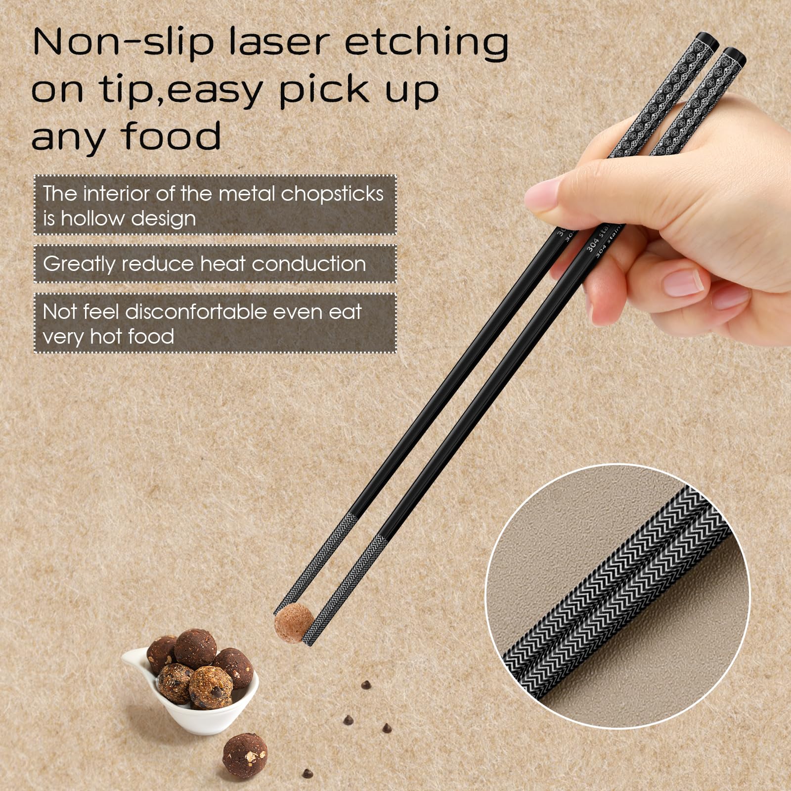 8 Pairs Metal Chopsticks Reusable Black Stainless Steel Chopsticks Set Laser Engraved Non-slip Japanese Korean Chinese Chopstick