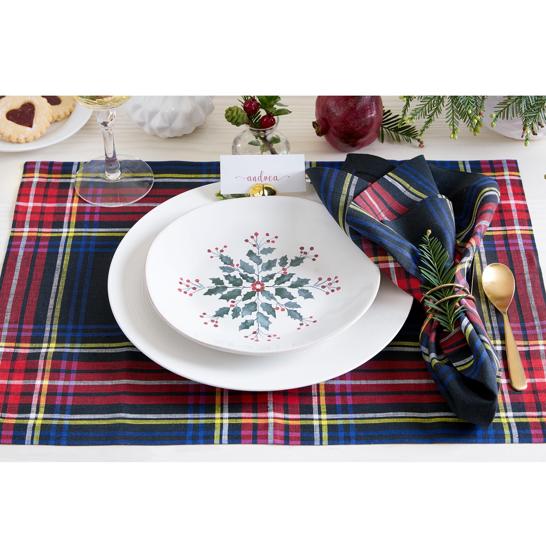 Solino Home Plaid Linen Placemats Set Of 4-100% Pure Linen Black Stewart Plaid Cloth Placemats 19'' L X 14'' W Inch - Handcrafte