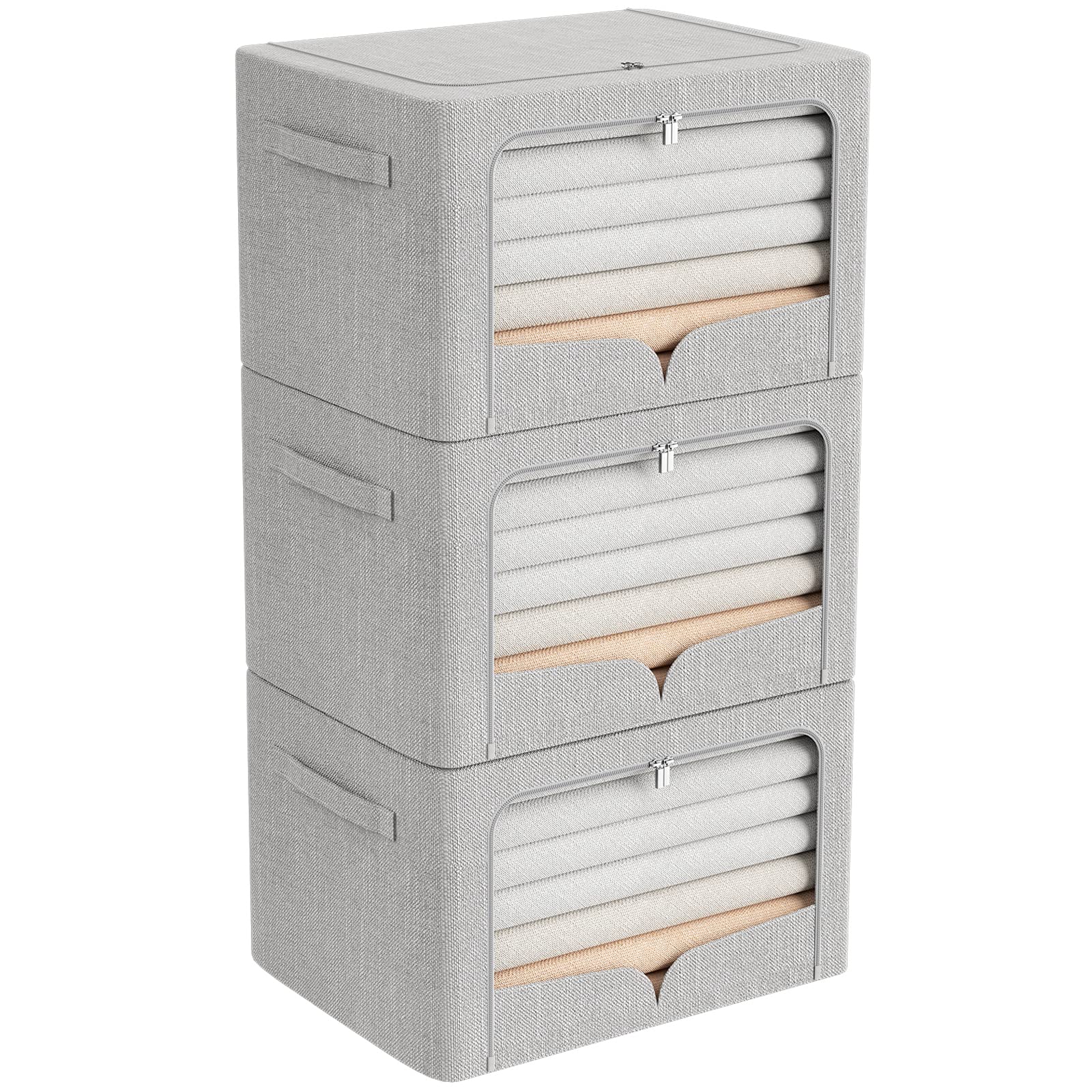 3 Pack Clothes Storage Bins - Foldable Metal Frame Storage Box - Extra Large Stackable Linen Fabric Organizer Set with Carrying