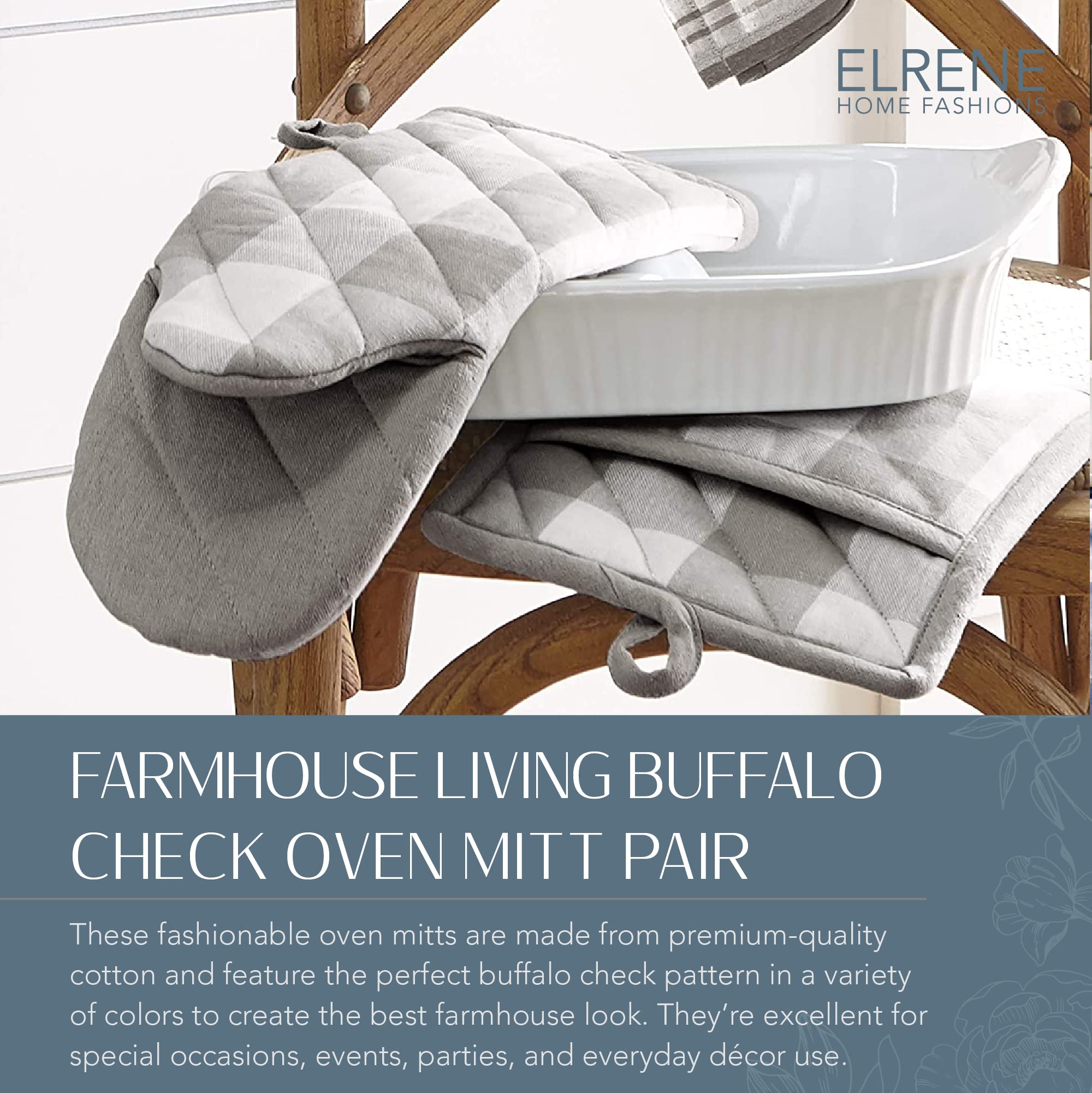 Elrene Home Fashions Farmhouse Living Buffalo Check Oven Mitt Pair, 13''X6'', Gray/White 2