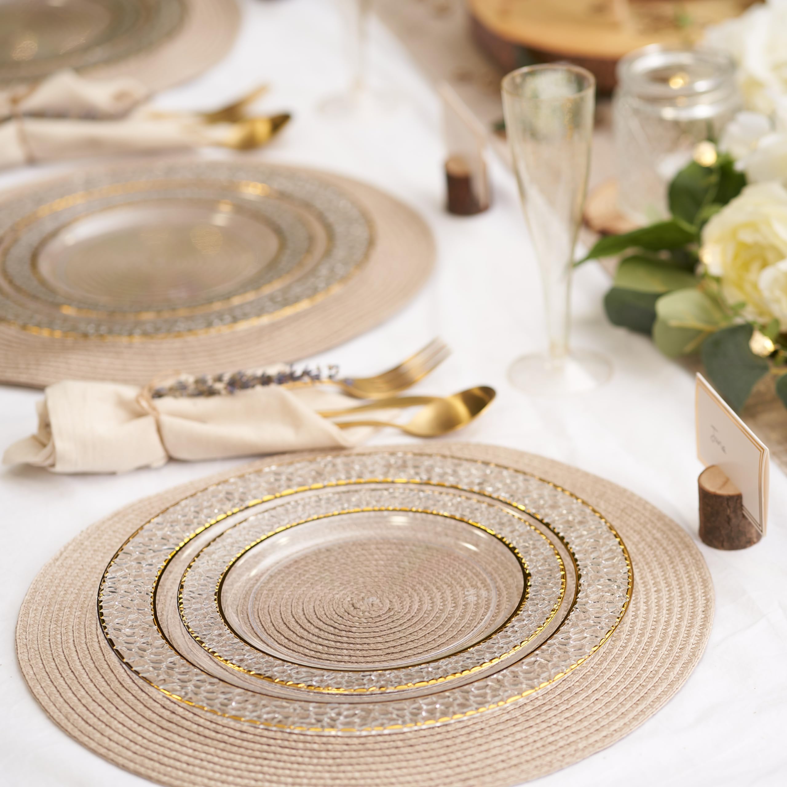 Matana 40 Clear Plastic Party Plates With Hammered Gold Rim - 20 Dinner Plates 10.25 Inch + 20 Salad Dessert Appetizer Plates 7.