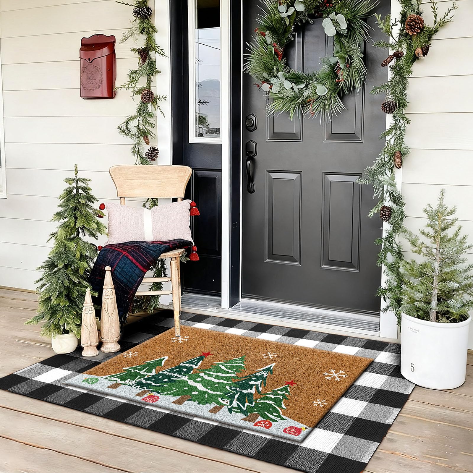 Duraaamo 2 Pcs Christmas Tree Door Mat Outdoor Christmas Nature Coir Welcome Rug Black White Grid Outdoor Rug for Xmas Front Por