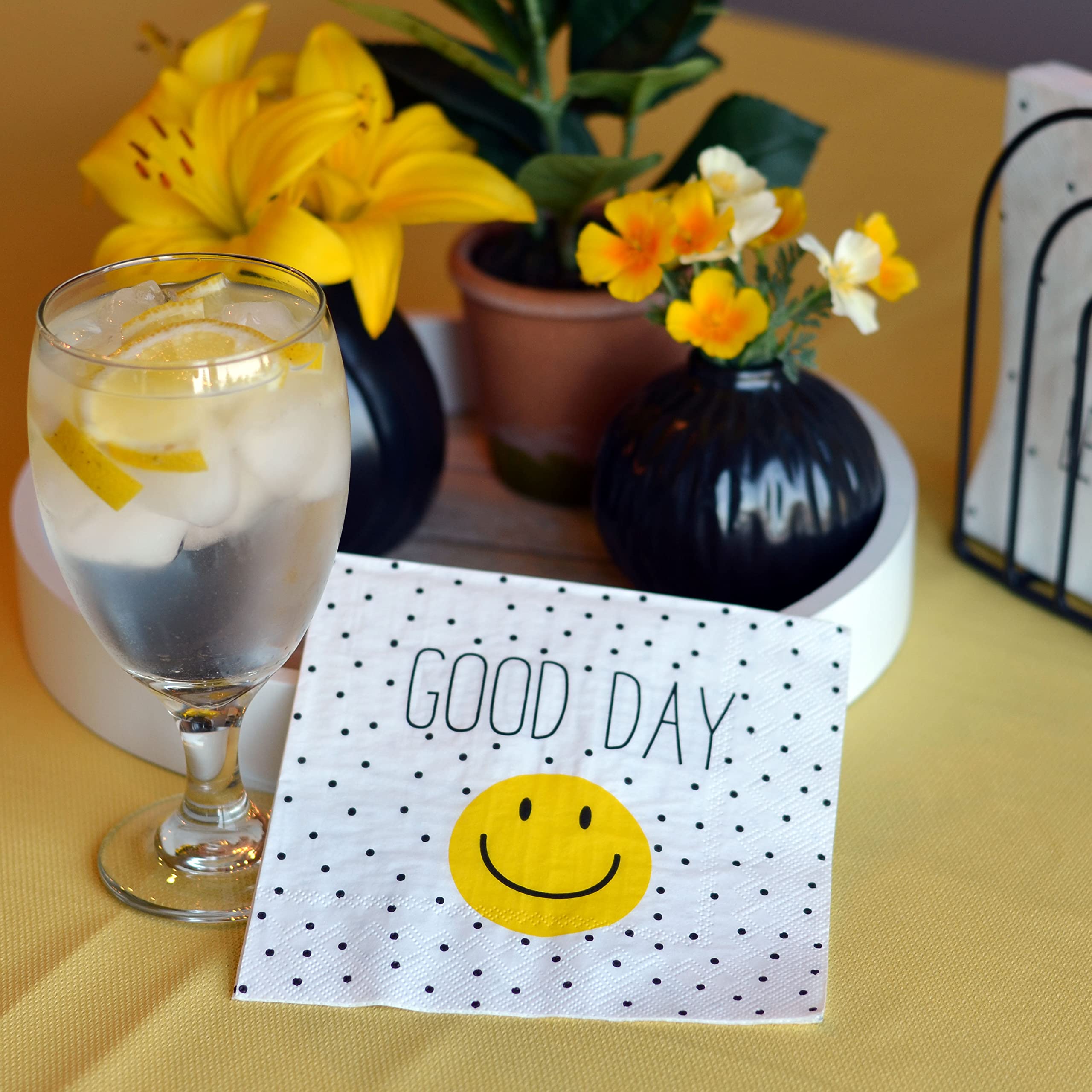 60 Count Smiley Face Party Napkins, 3 Packs Of 20, 3 Ply Paper, Luncheon Size 6.75 X 6.75 Inches, Yellow And Black On White