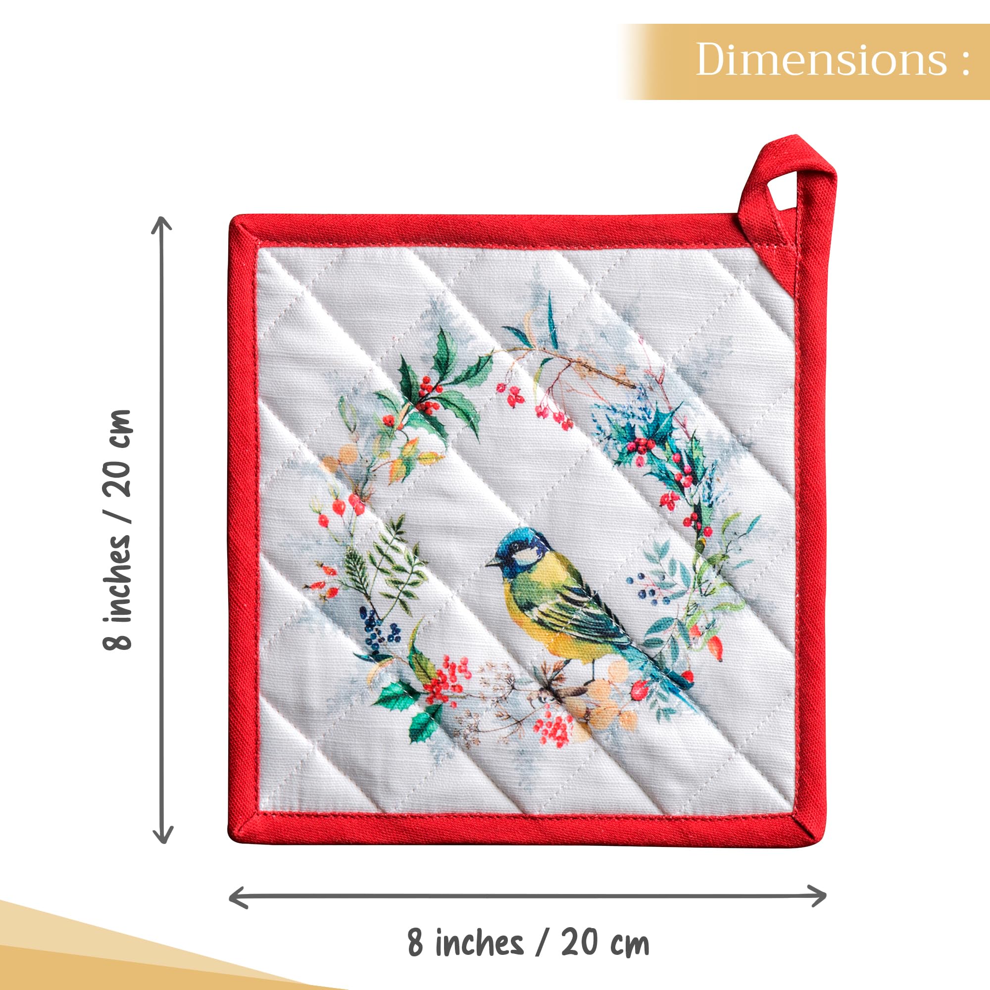 Maison d' Hermine Hot Pads 100% Cotton Pot Holders Set of 2 with Hanging Loop Potholder  Heat Resistant for Gifts  Grilling & Microwave Barbeque  Morzine - Thanksgiving/Christmas (8''x8'')