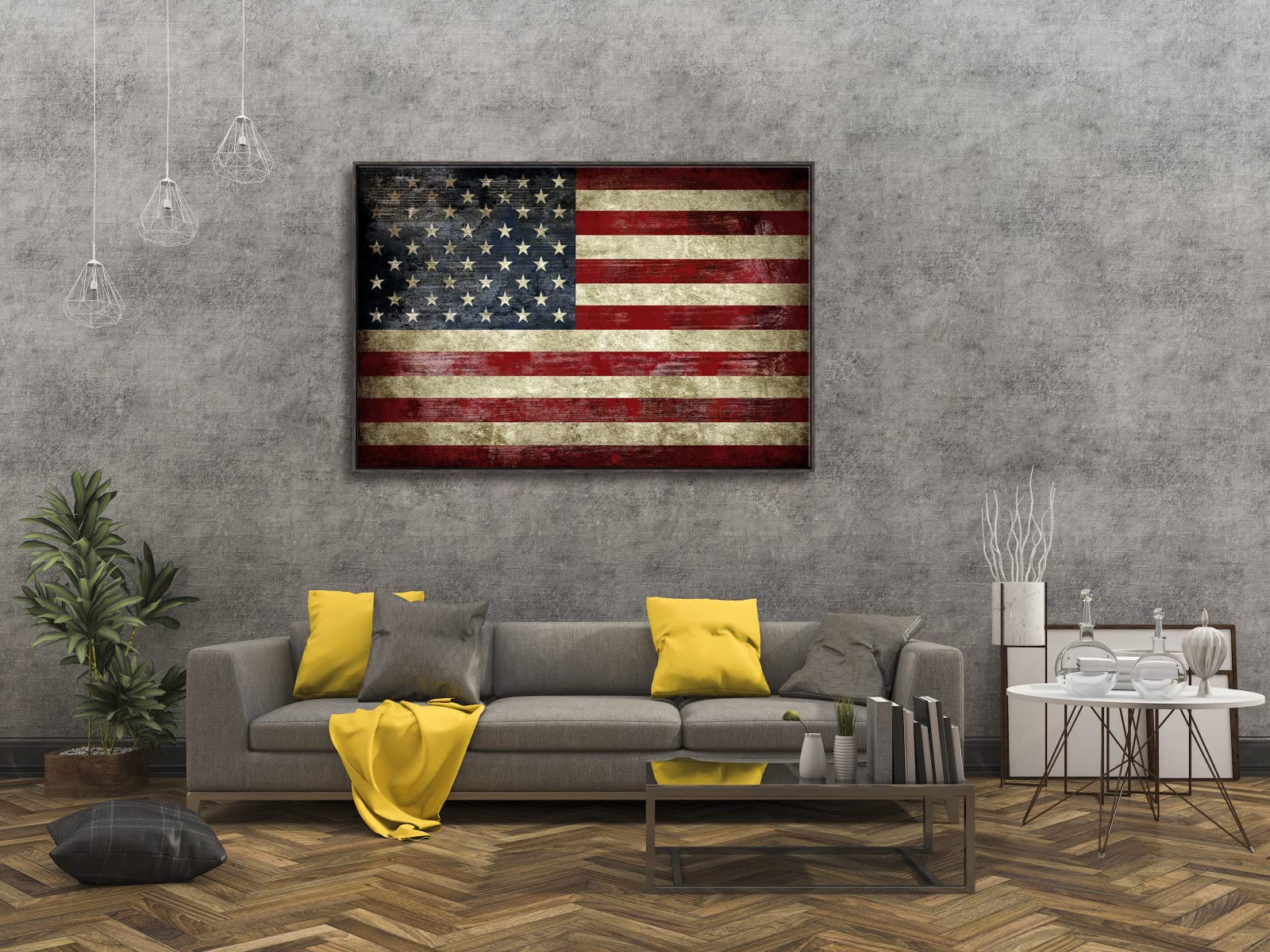 Pyradecor Walnut Framed Extra Large Old Vintage American Flag Canvas Wall Art Abstract Landscape Pictures Paintings For Living R