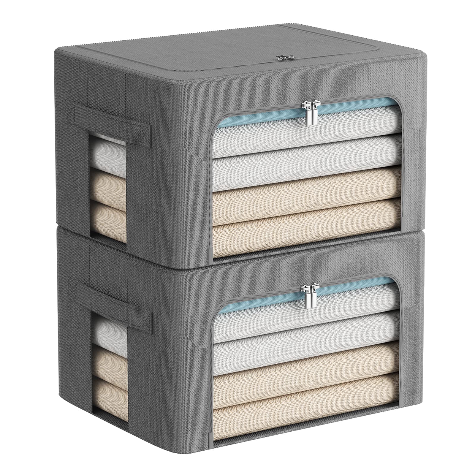 2 Pack Clear Window Storage Bins - Foldable Fabric Storage Bins Boxes for Clothes - Stackable Box Organizer Set with Carrying Ha