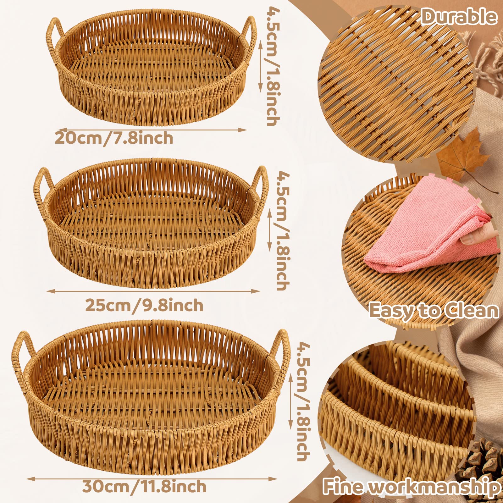 Ferraycle 3 Pcs Rattan Serving Tray With Handles Woven Wicker Tray Round Shallow Rattan Basket Fruit Tray Decor For Serving(Brow