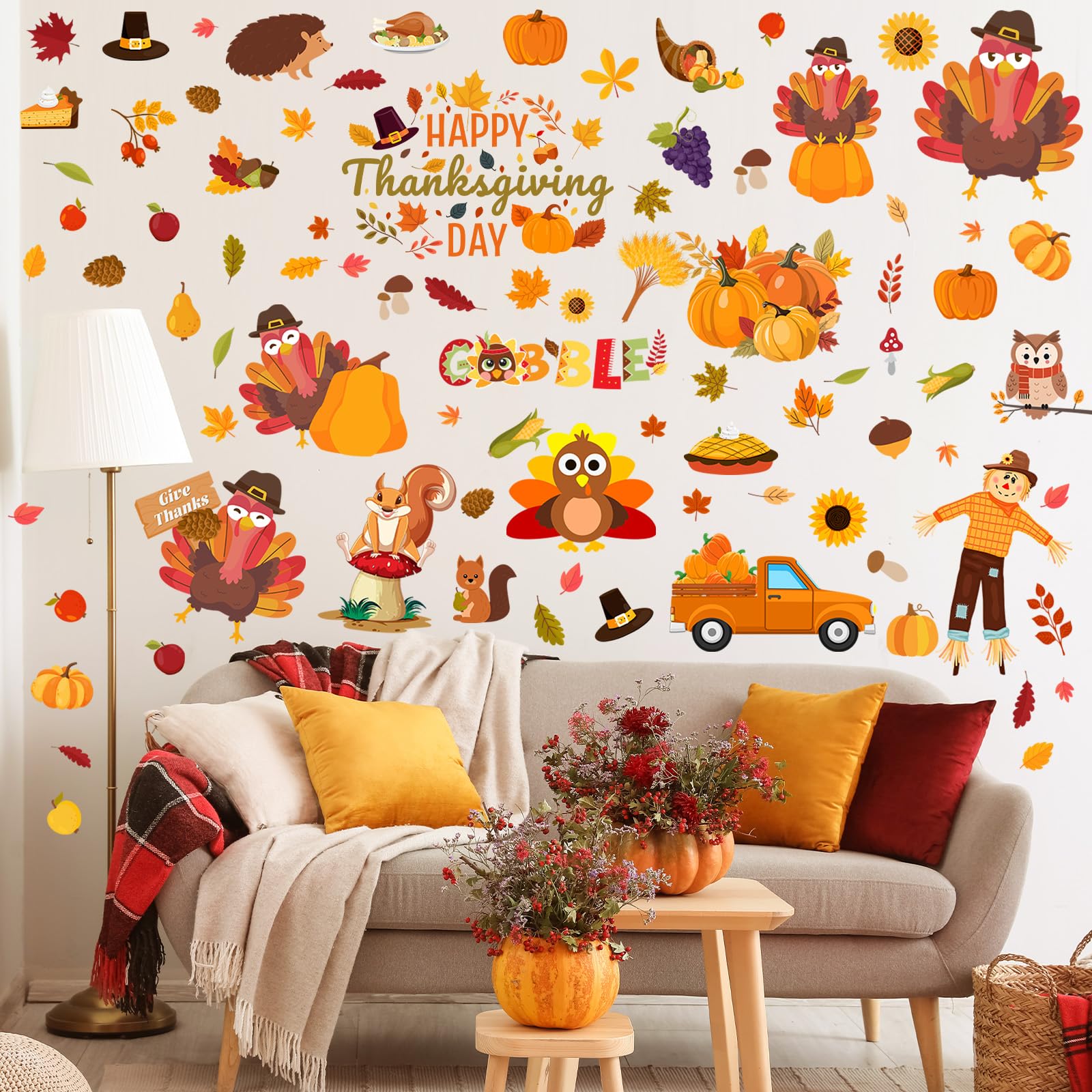 ReliThick 6 Sheets Thanksgiving Wall Decals Turkey Wall Decals Pumpkin Turkey Clings for Glass Peel and Stick Thanksgiving Decor
