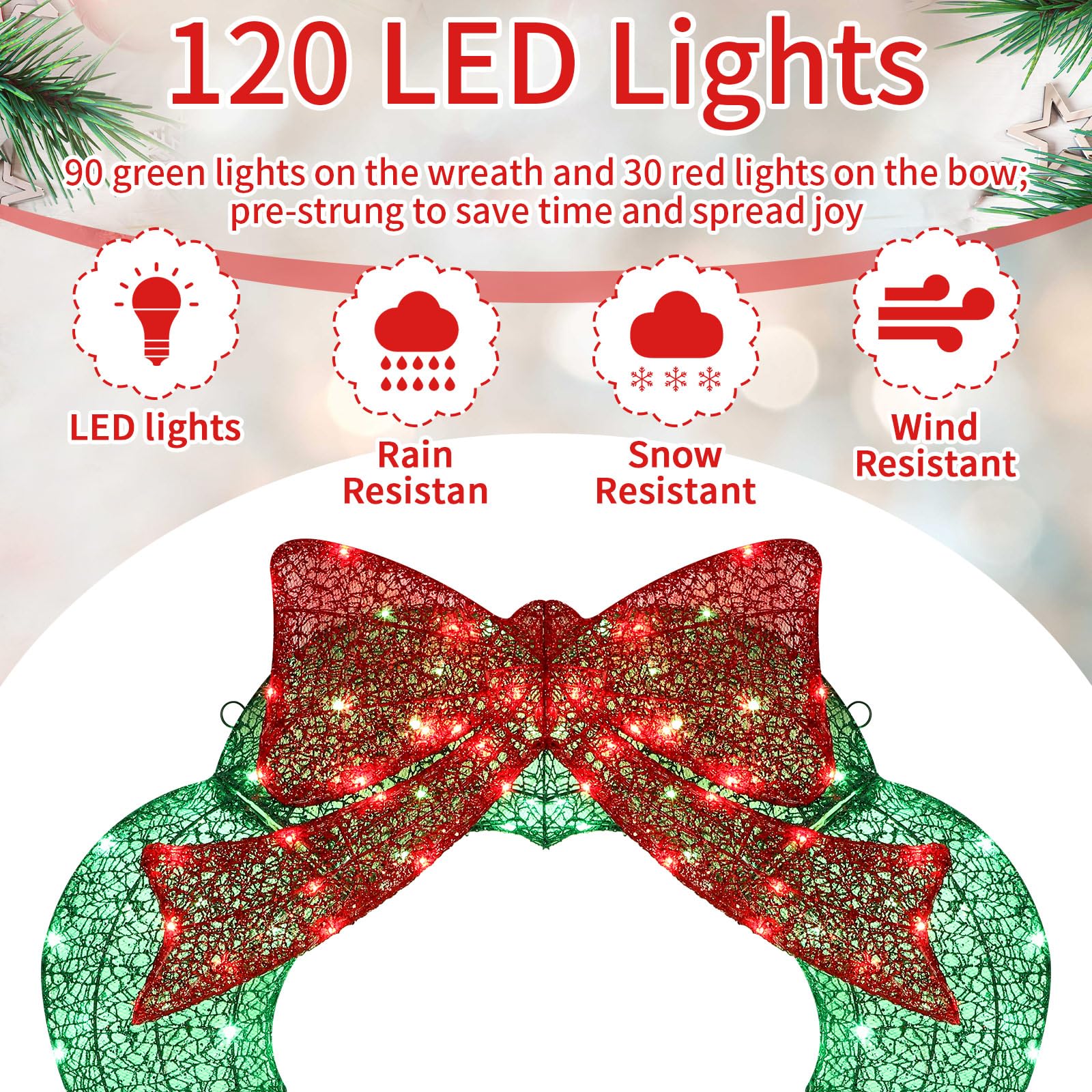 Baquler 36 Inch Pre-lit Christmas Wreath Decoration Metal Xmas Wreath Outdoor with Red and Green Led Lights for Home Garden Yard