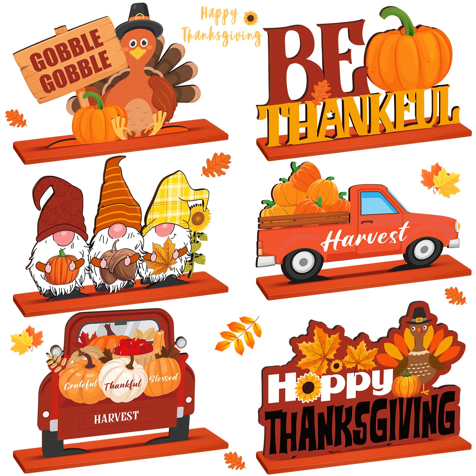 Hoolerry 6 Pcs Thanksgiving Table Decoration Wooden Centerpiece Happy Thanksgiving Table Centerpiece Wood Gobble Turkey Gnomes P