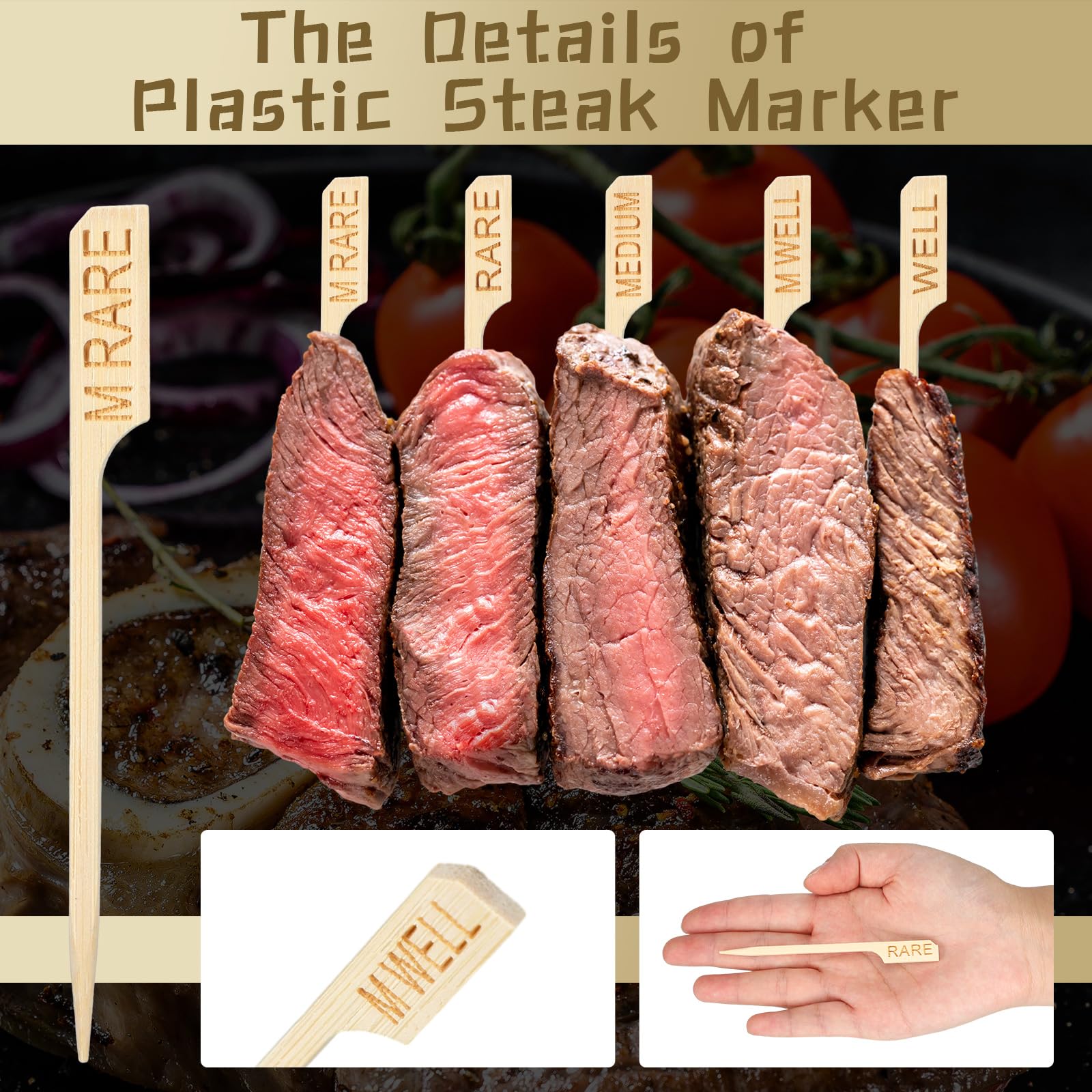 Thyle 200 Pcs 3.94 Inch Assorted Bamboo Steak Markers Wood Meat Marker Sticks Steak Temperature Sticks Meat Doneness Picks Bambo