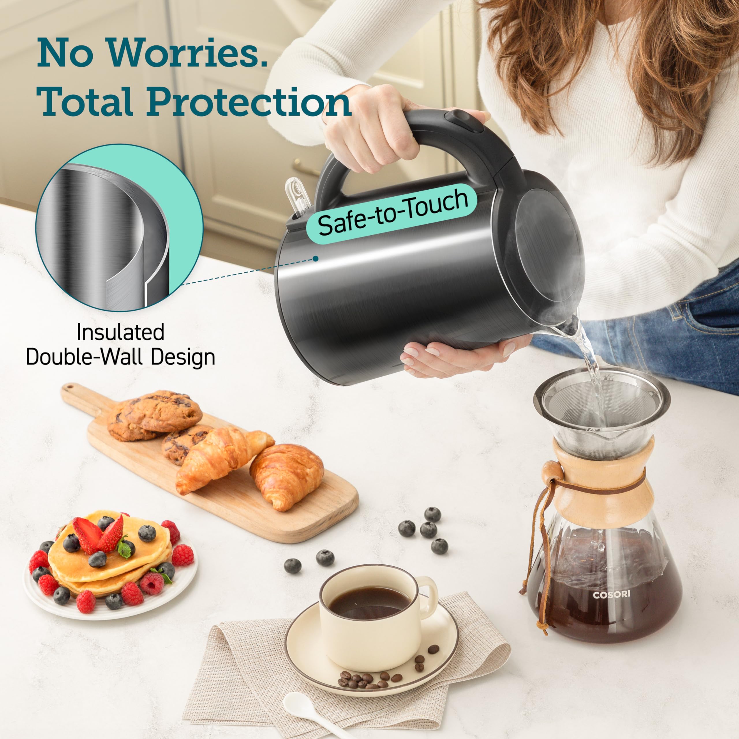 Cosori Electric Kettle, Cool-Touch Double Wall Stainless Steel Insulated, Automatic Shut Off & Boil-Dry Protection, Durable Tea
