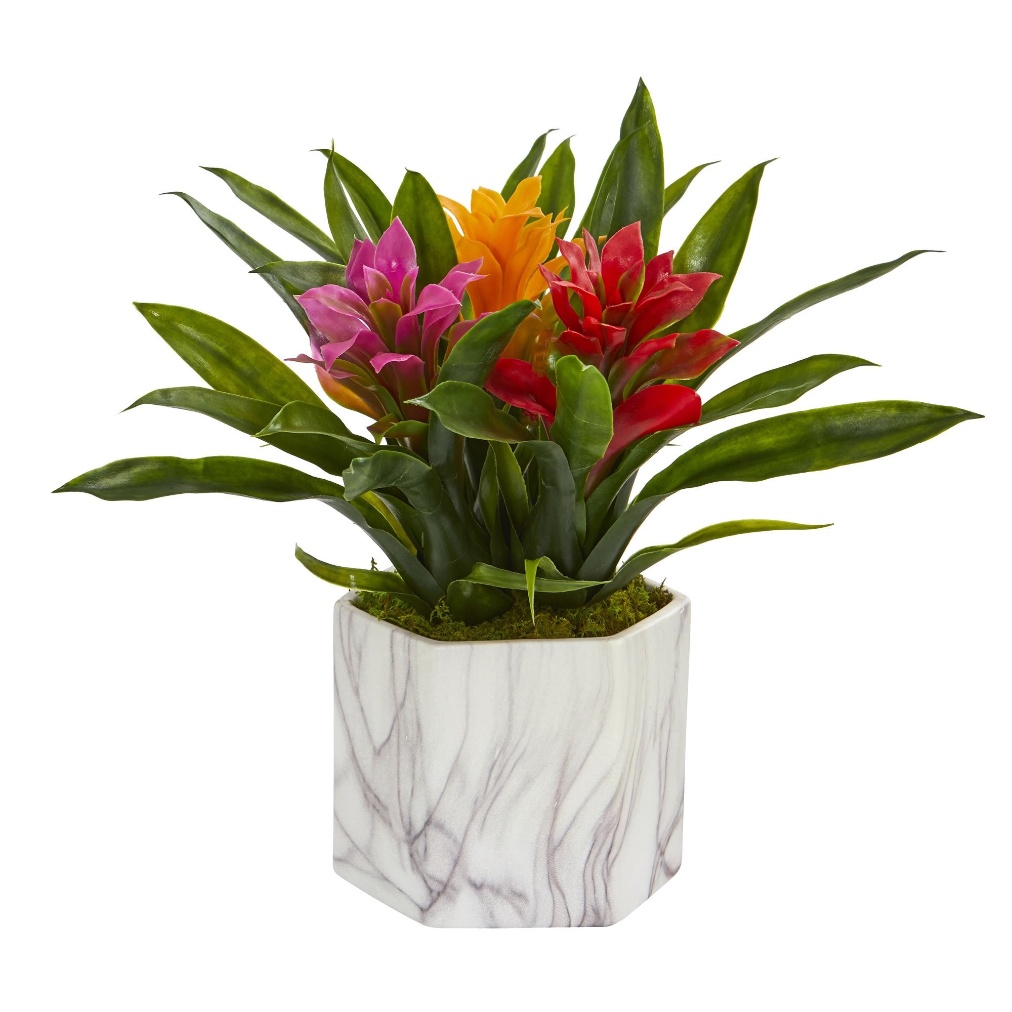 Nearly Natural Bromeliad Artificial Marble Finished Vase Silk Plants, Assorted