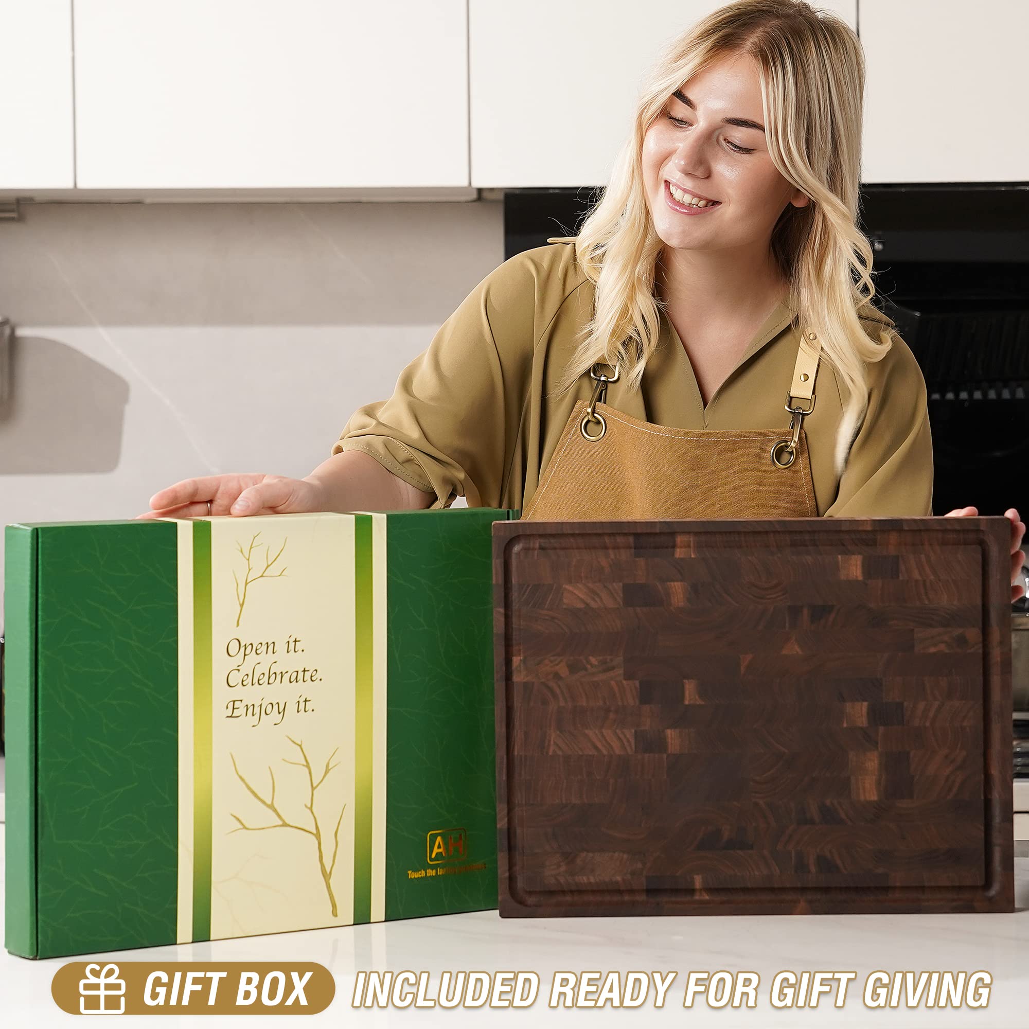 AZRHOM Large End Grain Walnut Wood Cutting Board 17x13x1.5 in Thick Butcher Block for Kitchen with Non-slip Mats Juice Groove &