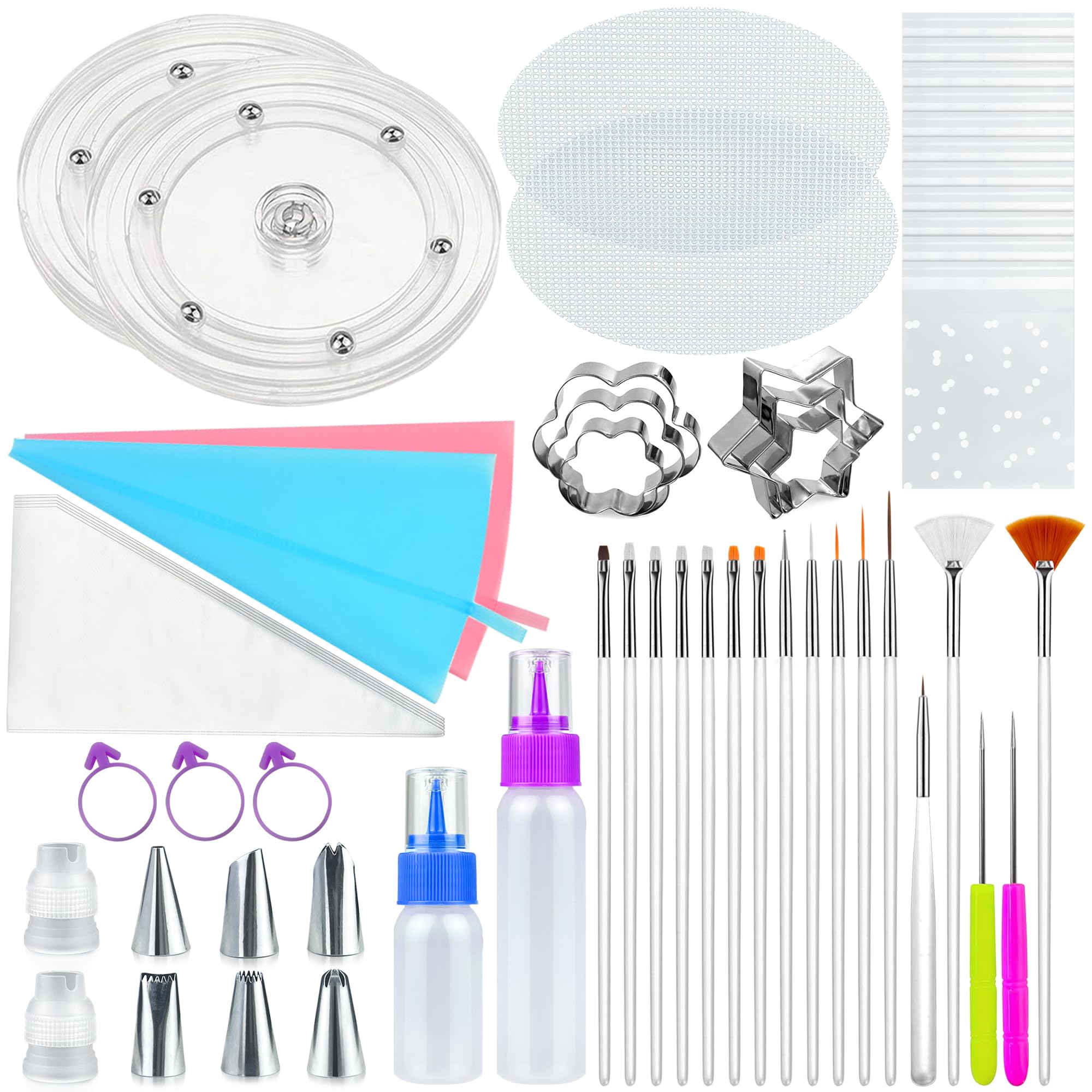 112 PCS Cookie Decorating Kit Supplies Including Acrylic Turntable Brushes Scribe Needle Bags Icing Bottle for Cookie Cupcake Ca