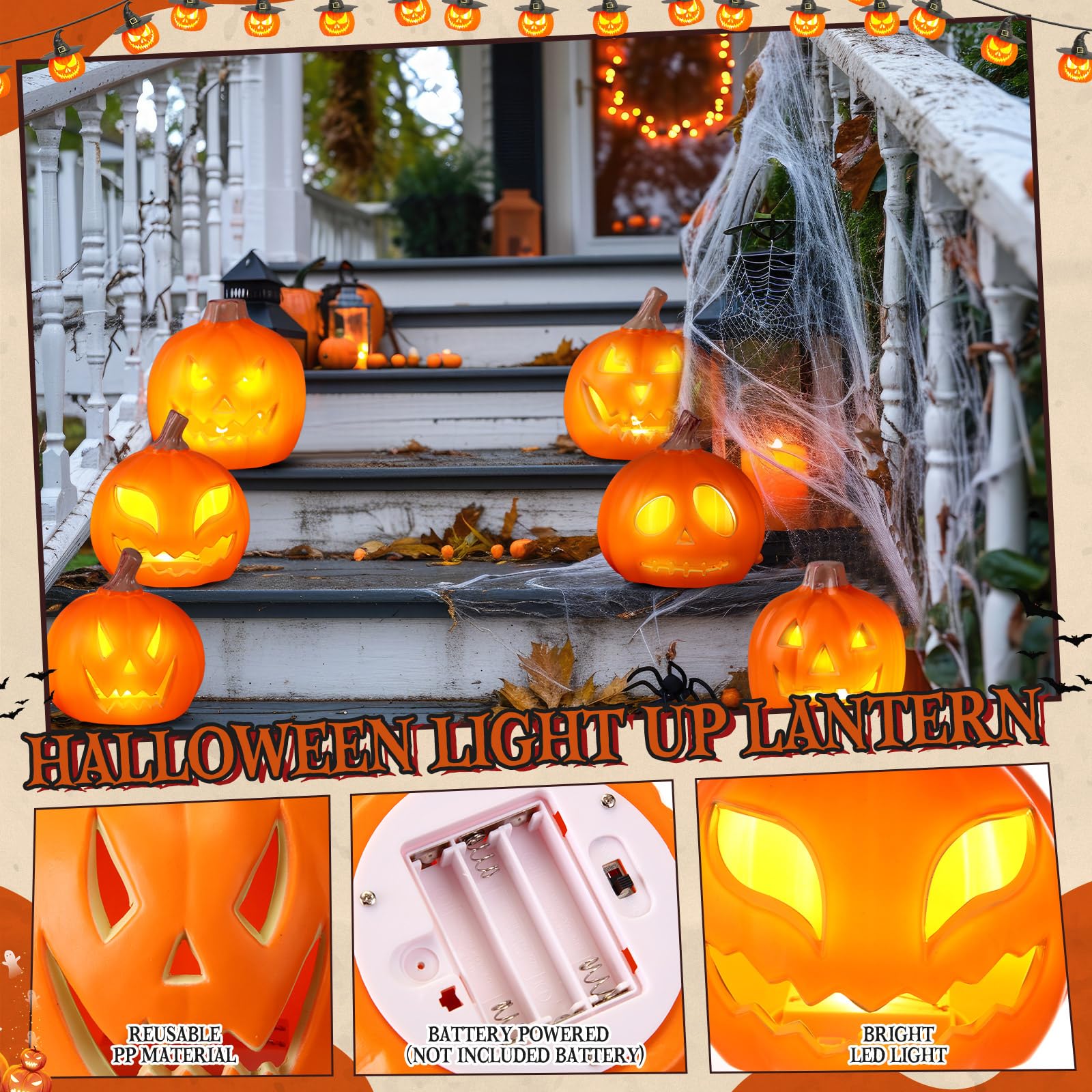 Pinkunn 6 Pcs Light up Jack O Lantern Halloween Pumpkin Lights Scary Glowing Plastic Pumpkin Lamp 5.25 Inch Halloween Props with