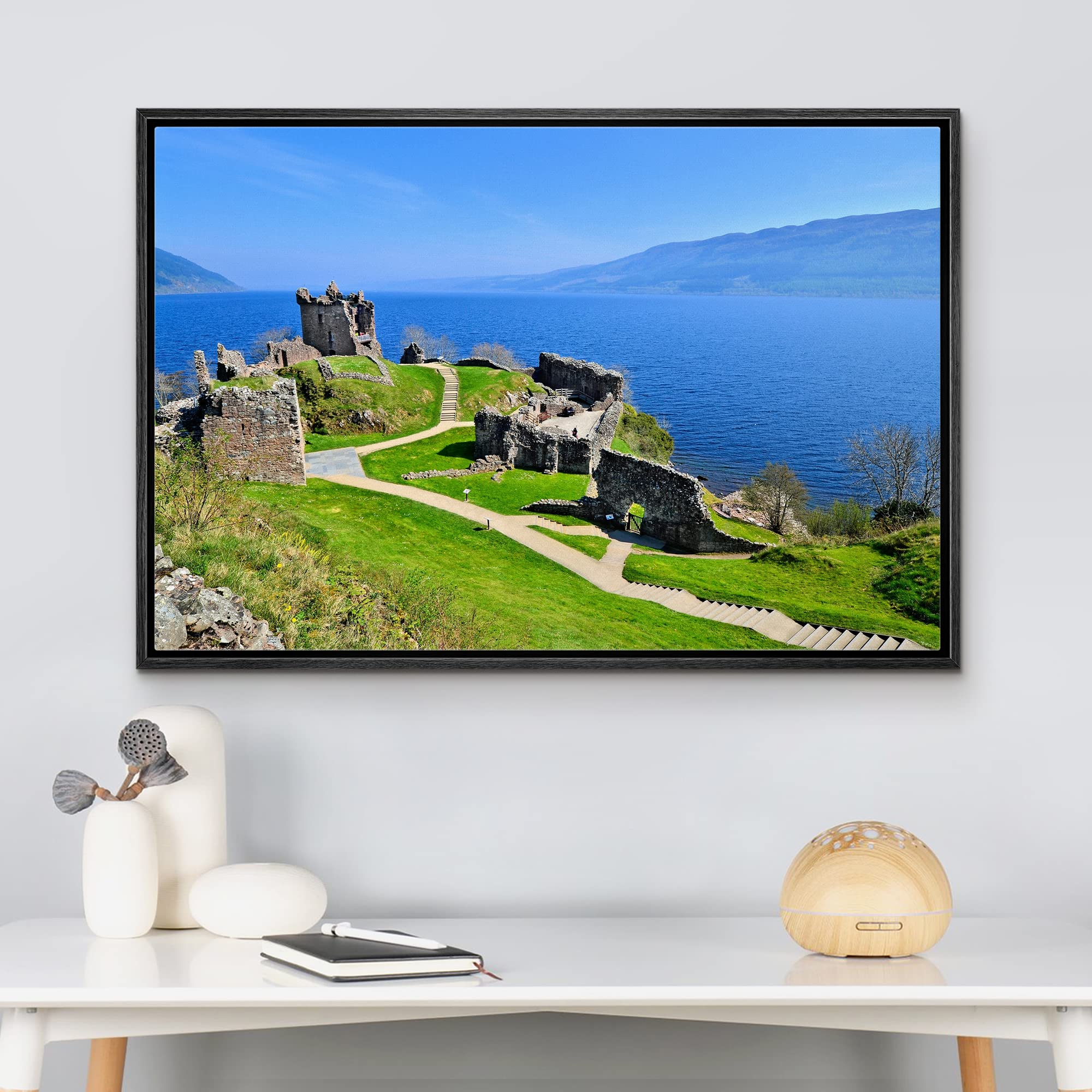 Beautiful Scenery Landscape of Ruins of Urquhart Castle Along Loch Ness Scotland - Framed Canvas Art Wall Art - 16''x24'' Black