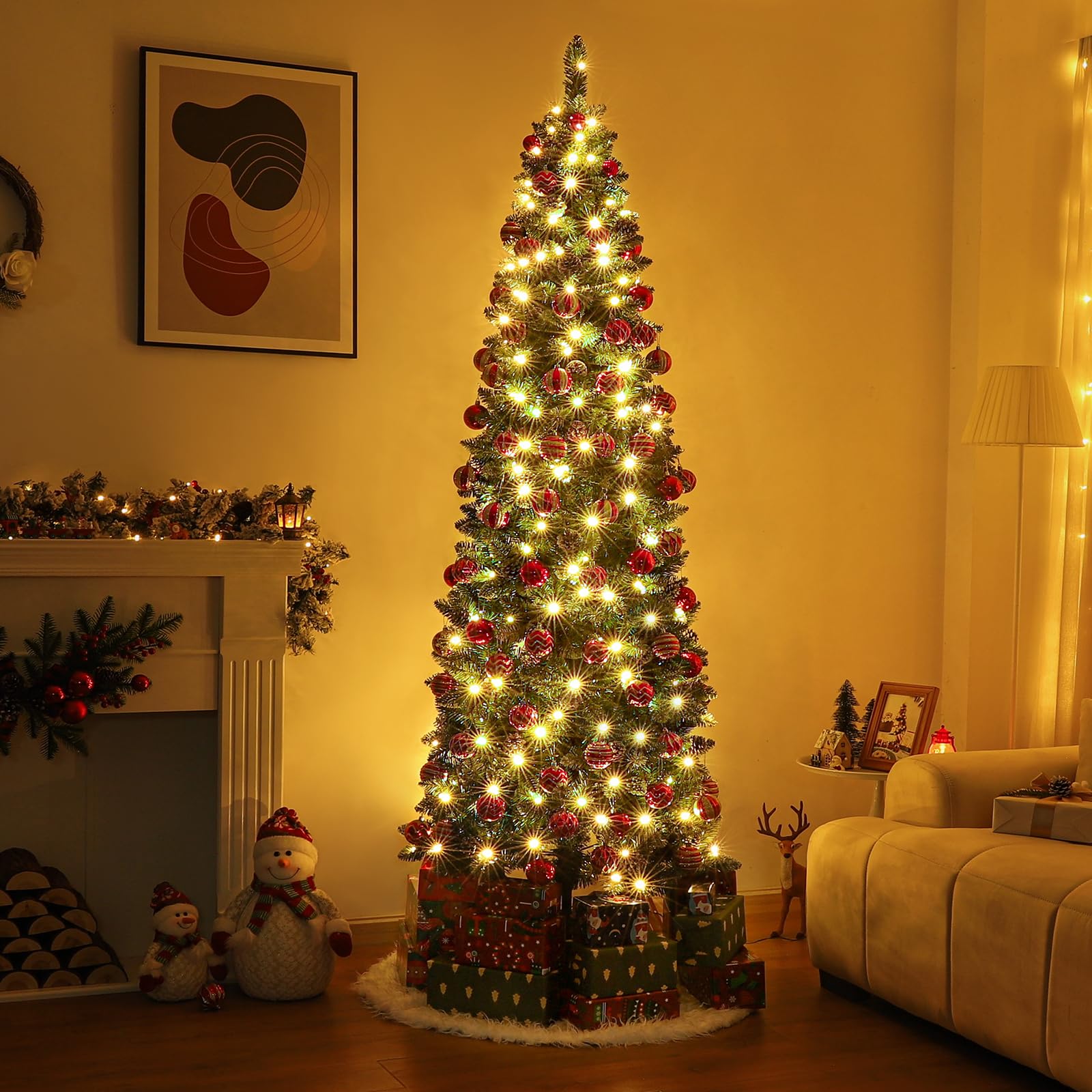 Homde Pencil Christmas Tree 7 Foot Pre-Lit Artificial Christmas Tree with Flocked Snow Pine Cone 210 Warm White Light Holiday De