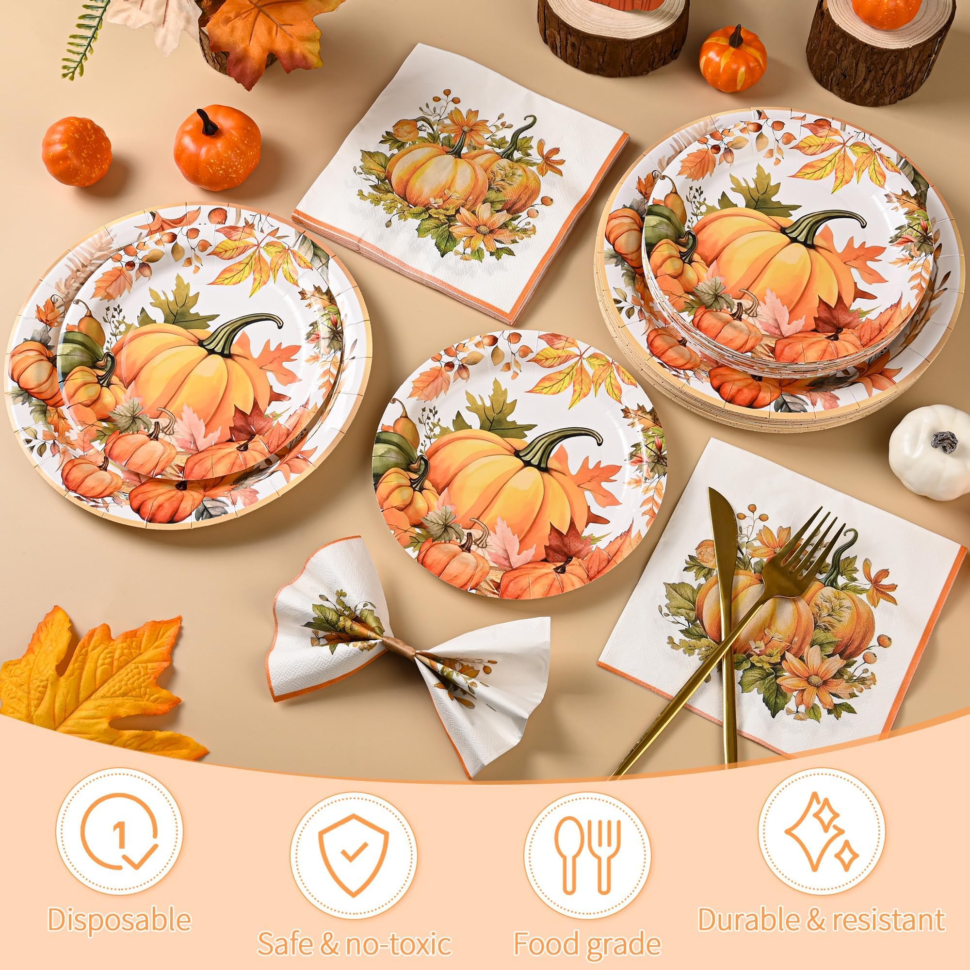 150Pcs Thanksgiving Fall Pumpkin Paper Plates and Napkins Fall Party Supplies Watercolor Pumpkin Maple Disposable Plates Autumn