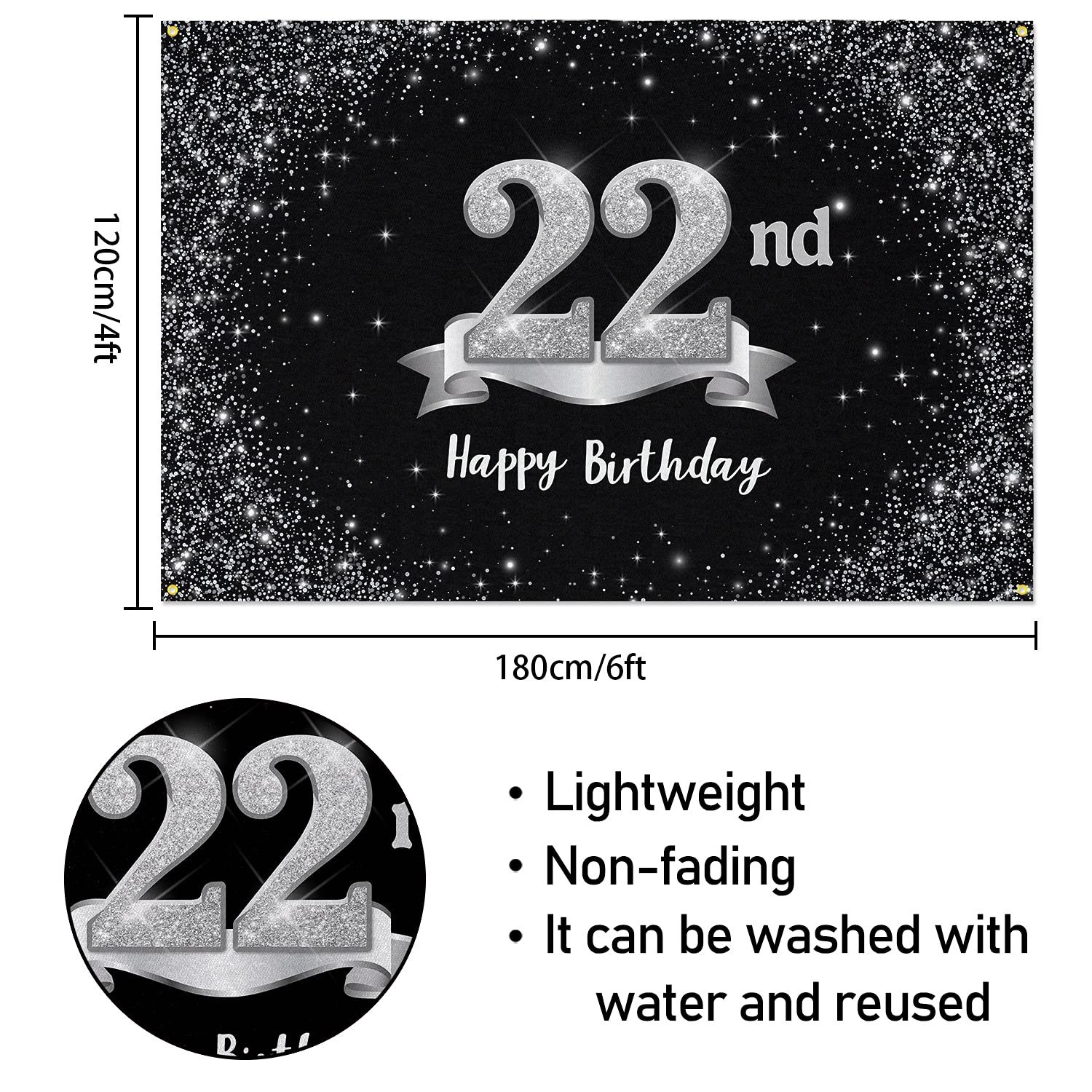 HAMIGAR 6x4ft Happy 22nd Birthday Banner Backdrop - 22 Years Old Birthday Decorations Party Supplies for Women Men - Black Silver