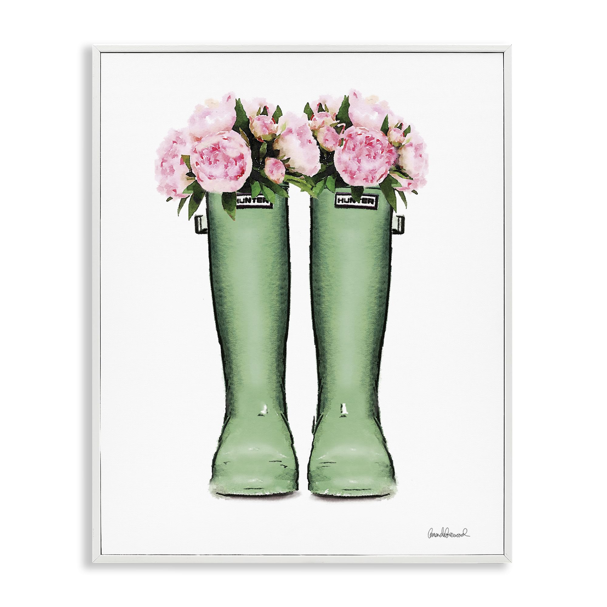 Stupell Industries Country Boots with Peonies, Framed Giclee Art, White, 11 x 14 Inches, Easy to Hang and Sturdy, Made in USA,