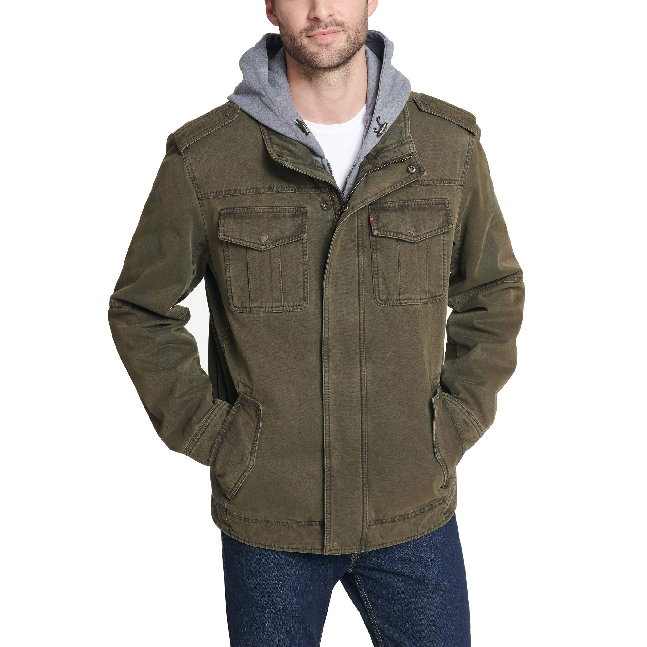 Levis Mens Four-Pocket Hooded Jacket, Olivepolytwill Lined, Medium Us