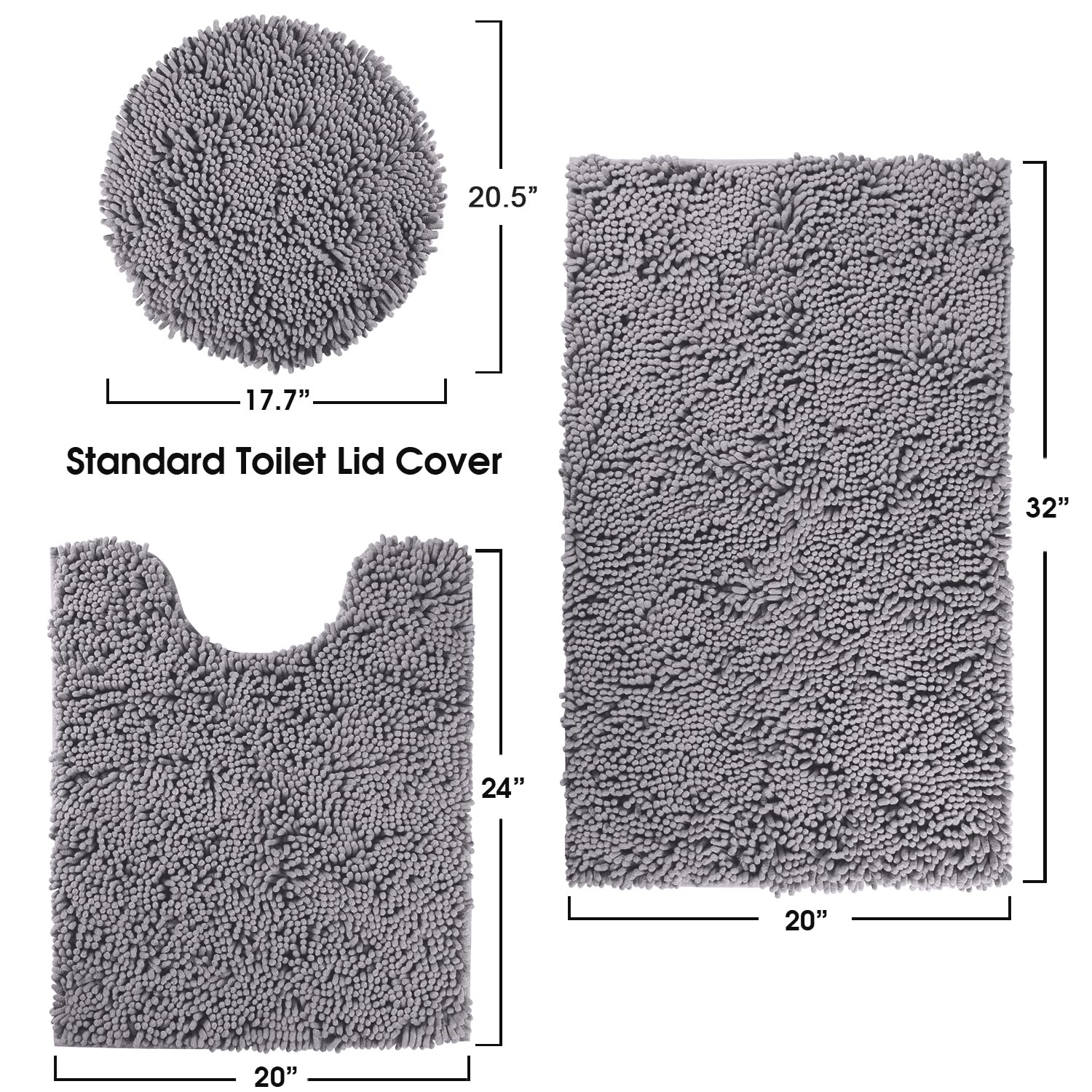 Homeideas Grey Bathroom Rugs Sets 3 Piece, Chenille Bath Rugs Soft Absorbent Non Slip Washable Bath Mats With Toilet Lid Cover,