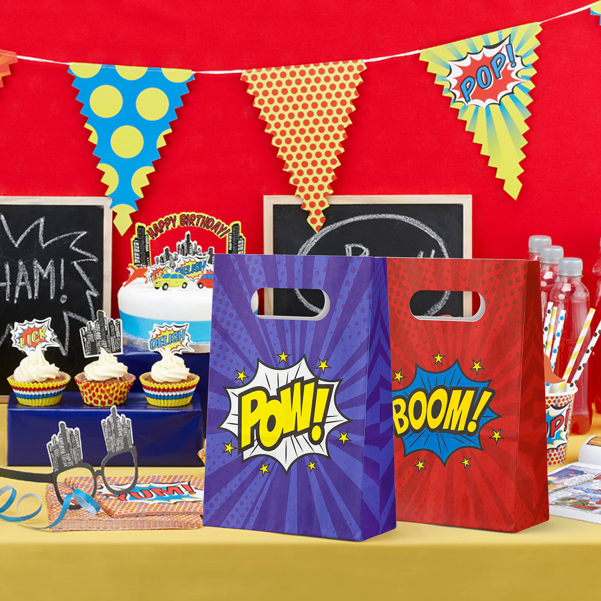 Kalefo 24 Pack Superhero Party Supplies Treat Bags Kids Birthday Party Recyclable Cookie Candy Paper Favor Bags