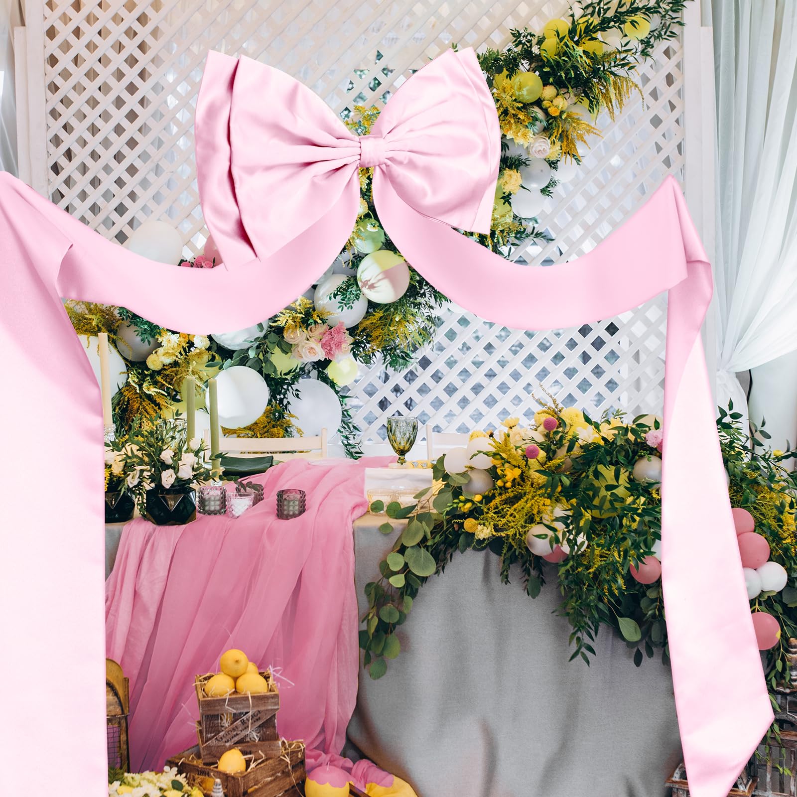 FUANGUI Christmas Giant Bow Decoration, Pink Big Bow for Backdrop 75x18 Inch, Coquette Birthday Wall Room Home Decor, Large Sati