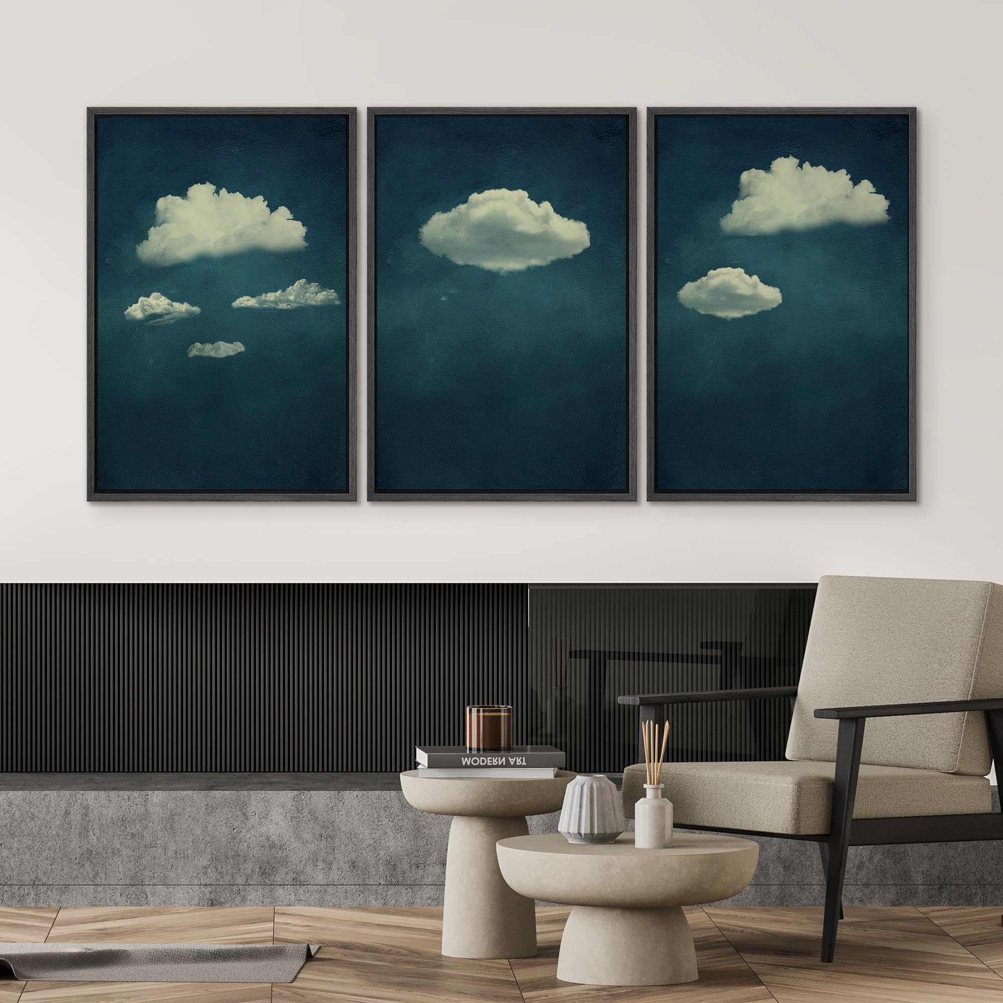 SIGNWIN 3 Piece Framed Canvas Wall Art A Series of White Clouds in The Blue Sky Nature Wilderness Illustrations Abstract Traditional Home Artwork Decoration for Living Room Bedroom - 16''x24''x3 Black