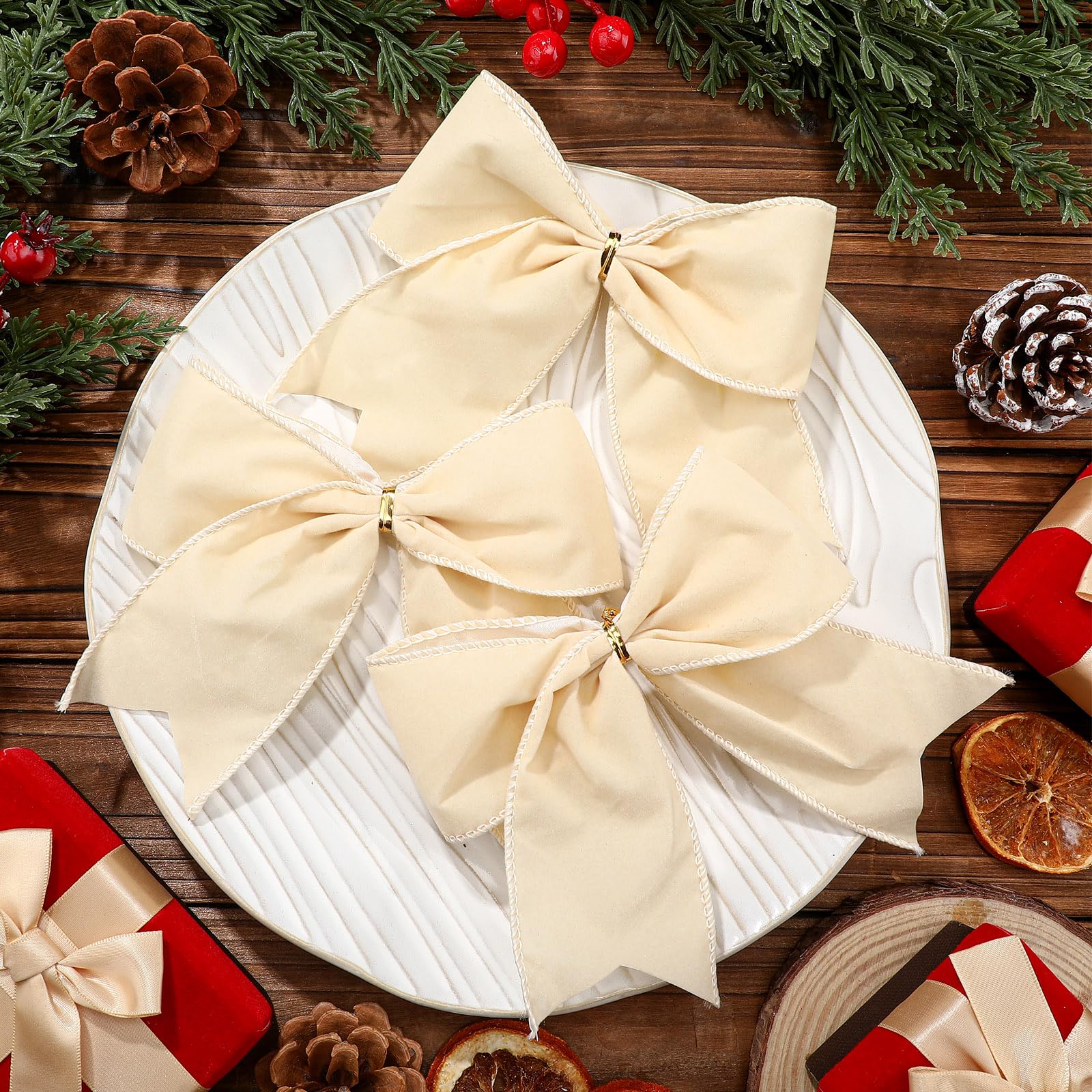 Janinka 12 Pcs Cream White Christmas Velvet Bows 6 Inch Rustic Wreath Gift Bows Vintage Xmas Velvet Ribbon Bow Ornaments for Xma