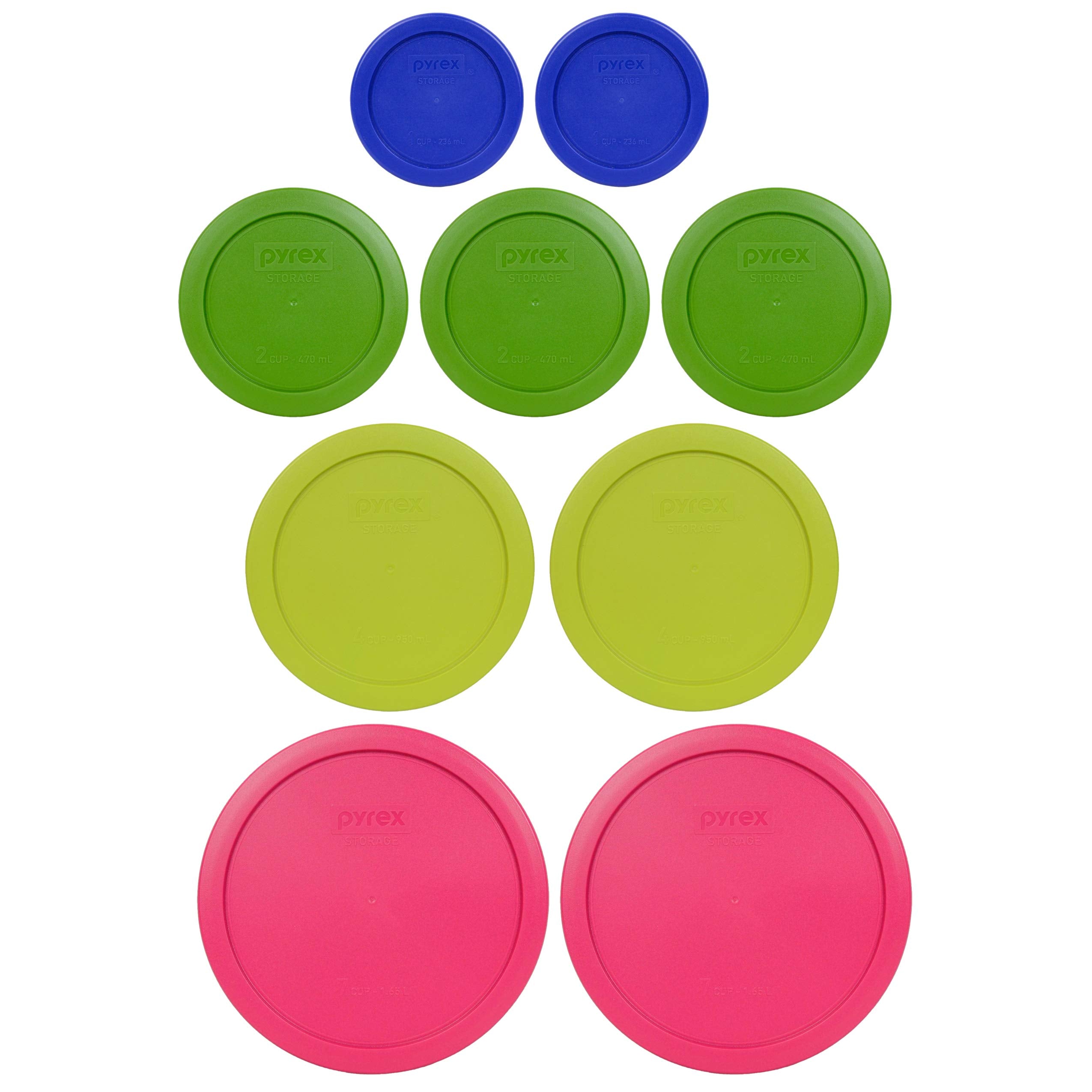 Pyrex (2) 7402-Pc 6/7-Cup Fuchsia, (2) 7201-Pc 4-Cup Edamame Green, (3) 7200-Pc 2-Cup Lawn Green, (2) 7202-Pc 1-Cup Cadet Blue R